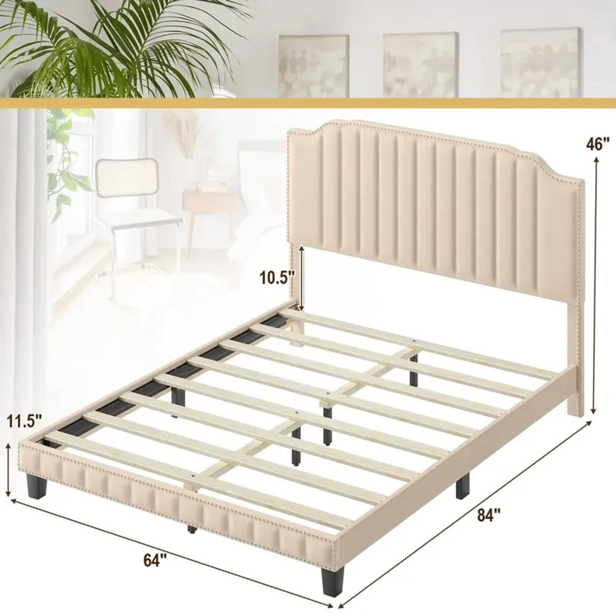 Heavy Duty Upholstered Bed Frame with Rivet Headboard