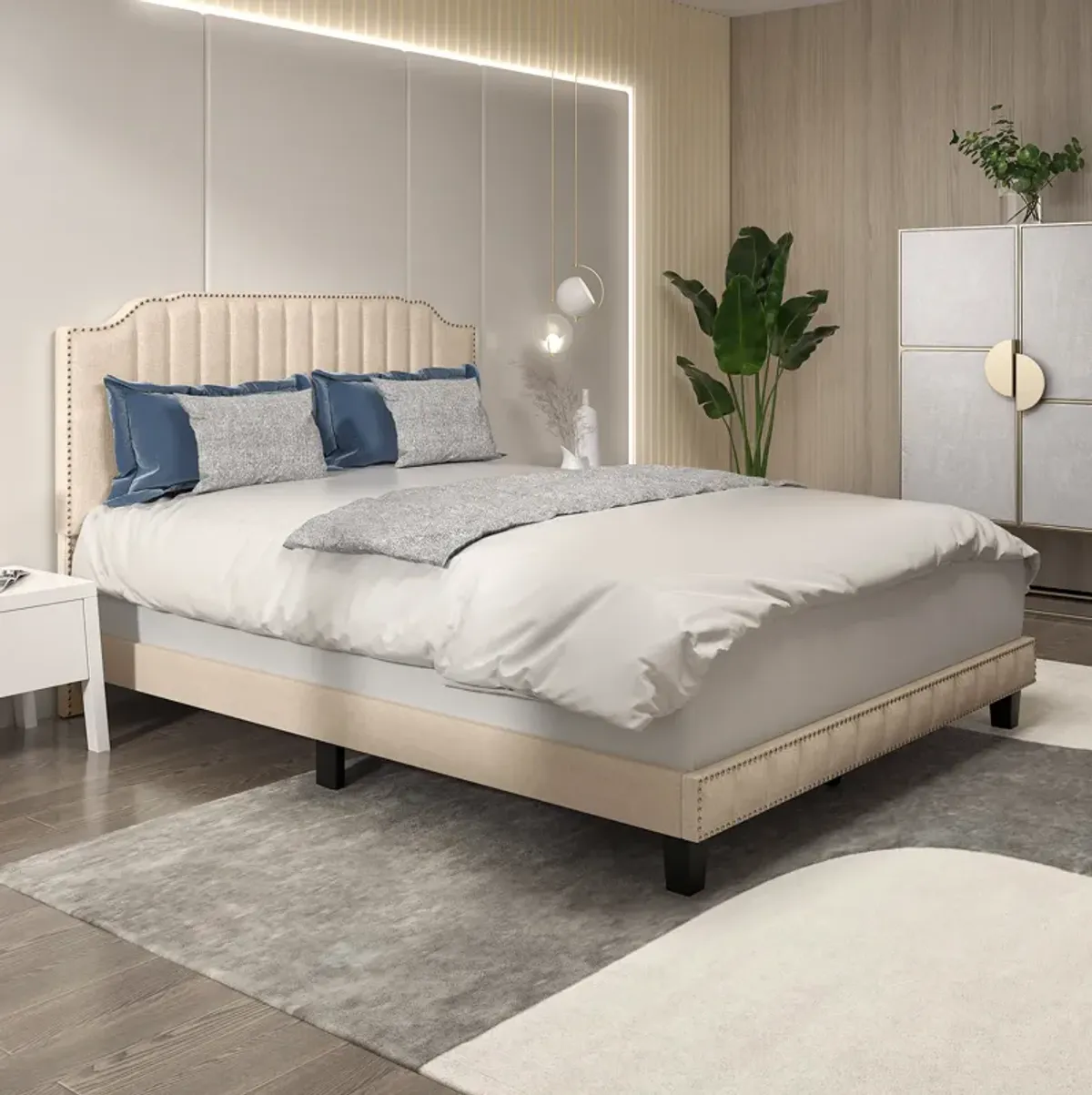 Heavy Duty Upholstered Bed Frame with Rivet Headboard