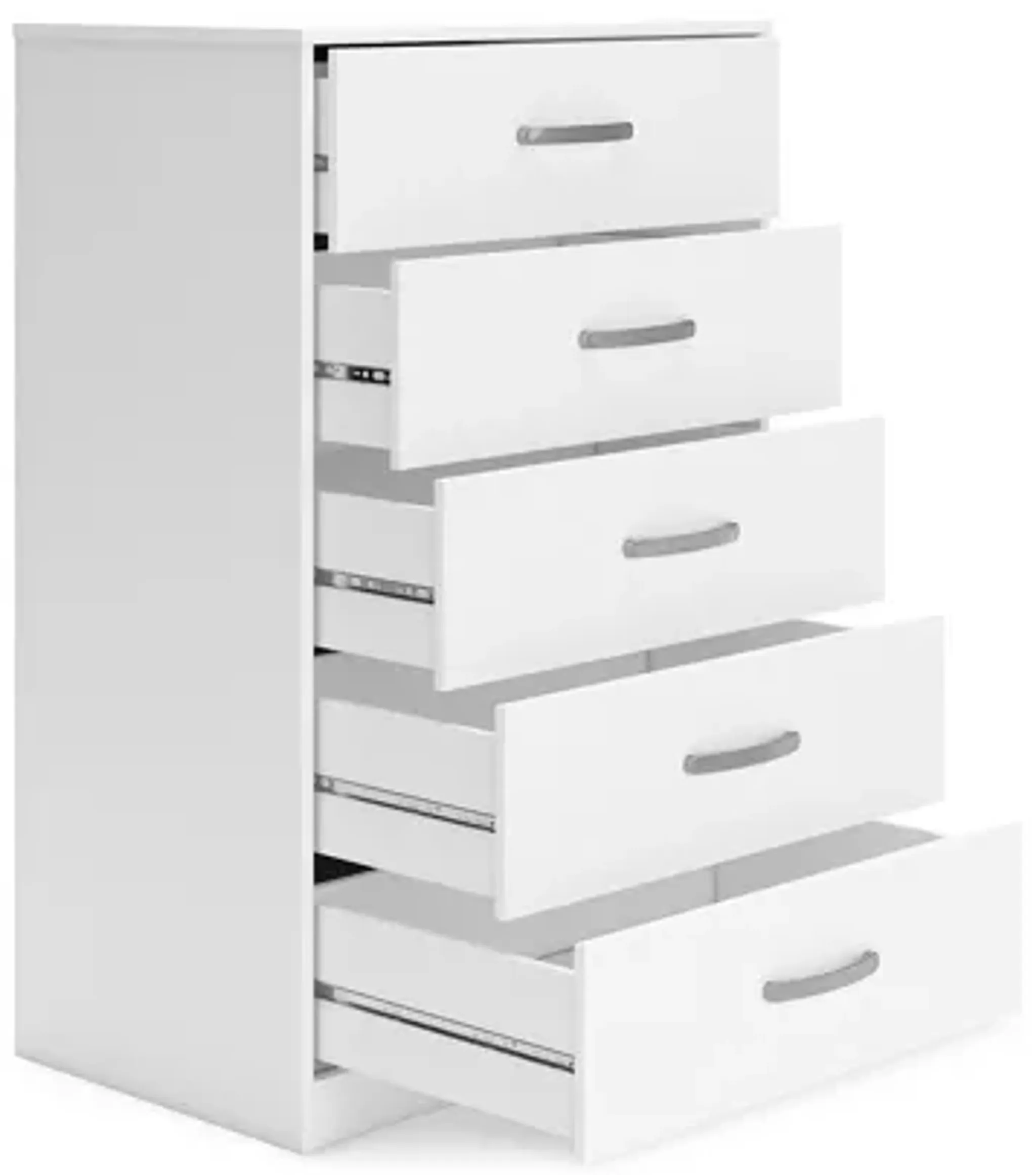 Eriss Tall Dresser Chest, 5 Drawers, White Wood, Silver Metal, 46 Inch ...