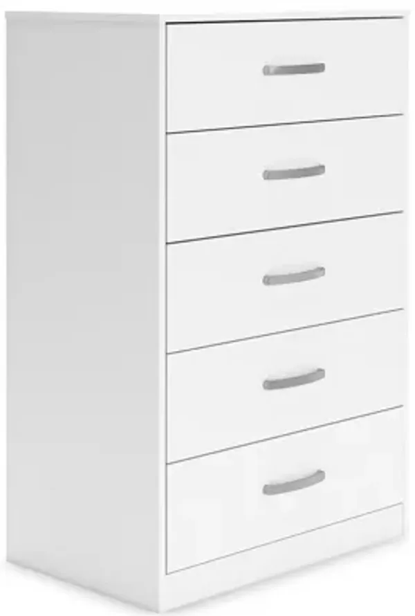 Eriss Tall Dresser Chest, 5 Drawers, White Wood, Silver Metal, 46 Inch - Benzara