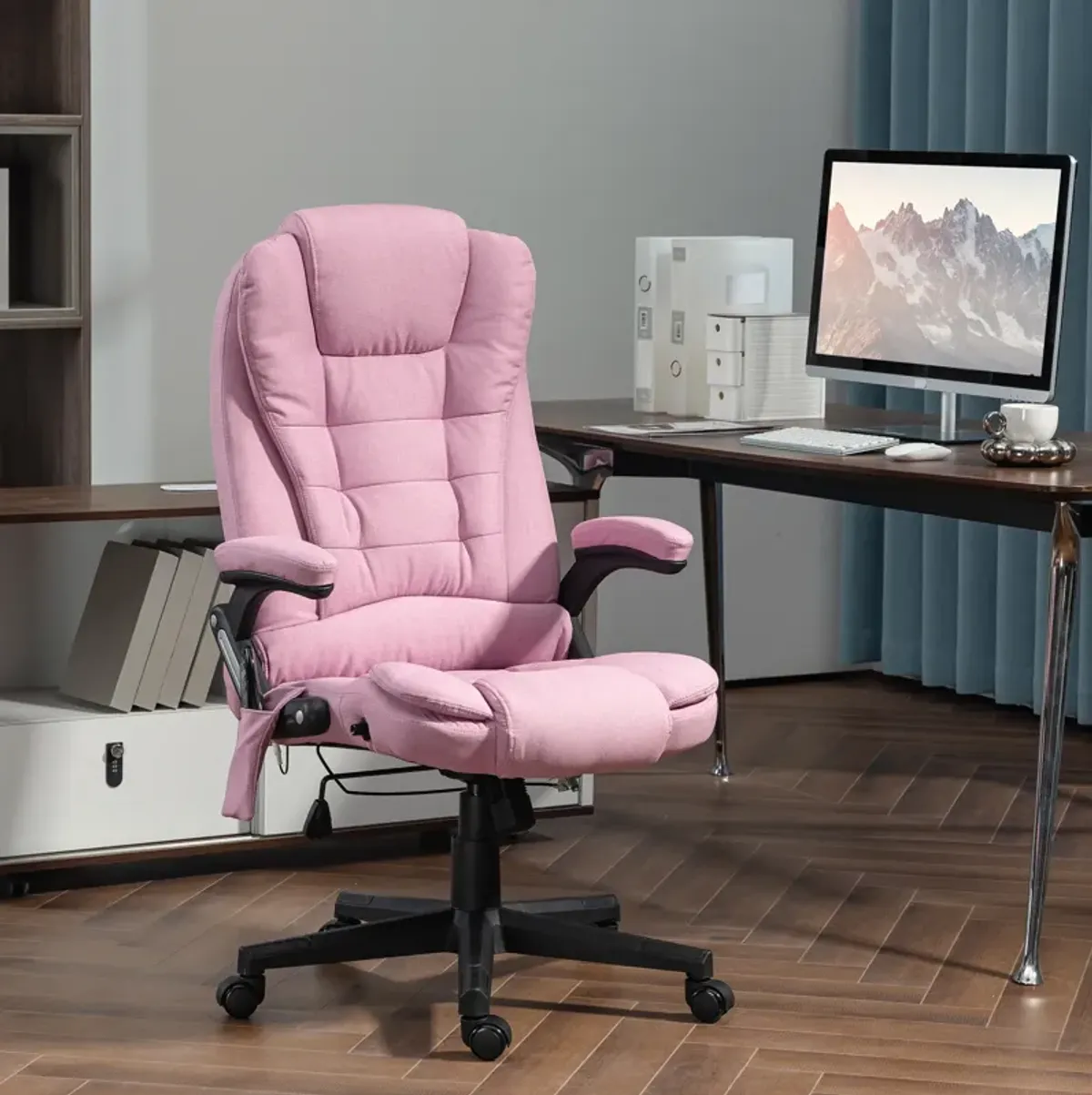 HOMCOM 6 Point Vibrating Massage Office Chair with Heat, Velvet High Back Executive Office Chair with Reclining Backrest, Padded Armrests and Remote, Pink