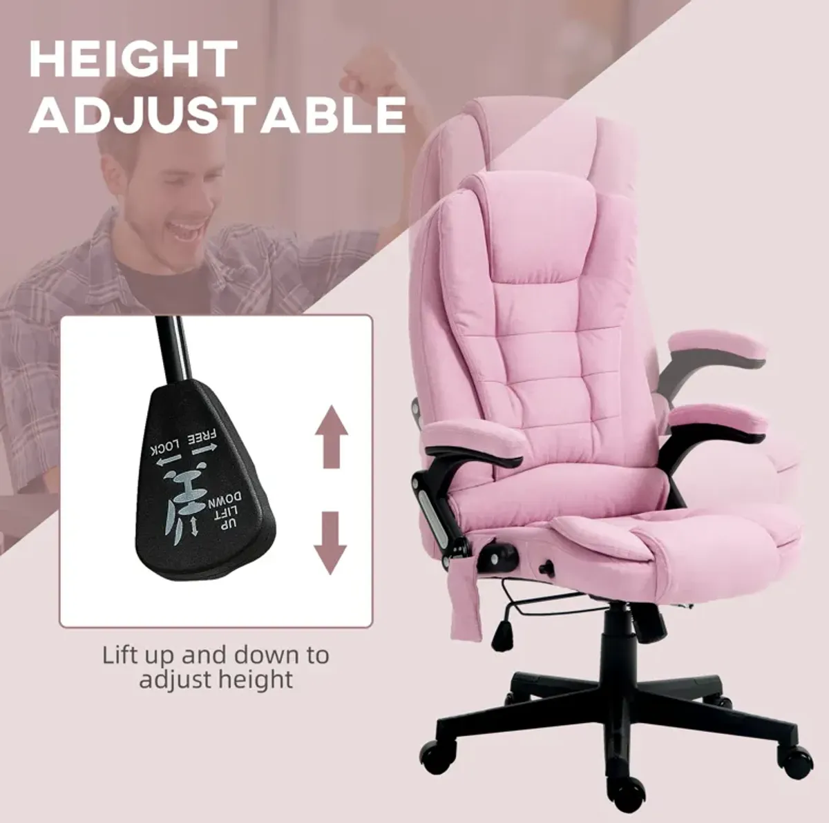 HOMCOM 6 Point Vibrating Massage Office Chair with Heat, Velvet High Back Executive Office Chair with Reclining Backrest, Padded Armrests and Remote, Pink