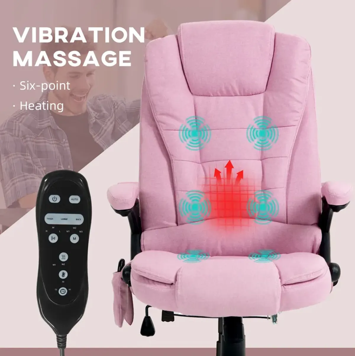 HOMCOM 6 Point Vibrating Massage Office Chair with Heat, Velvet High Back Executive Office Chair with Reclining Backrest, Padded Armrests and Remote, Pink