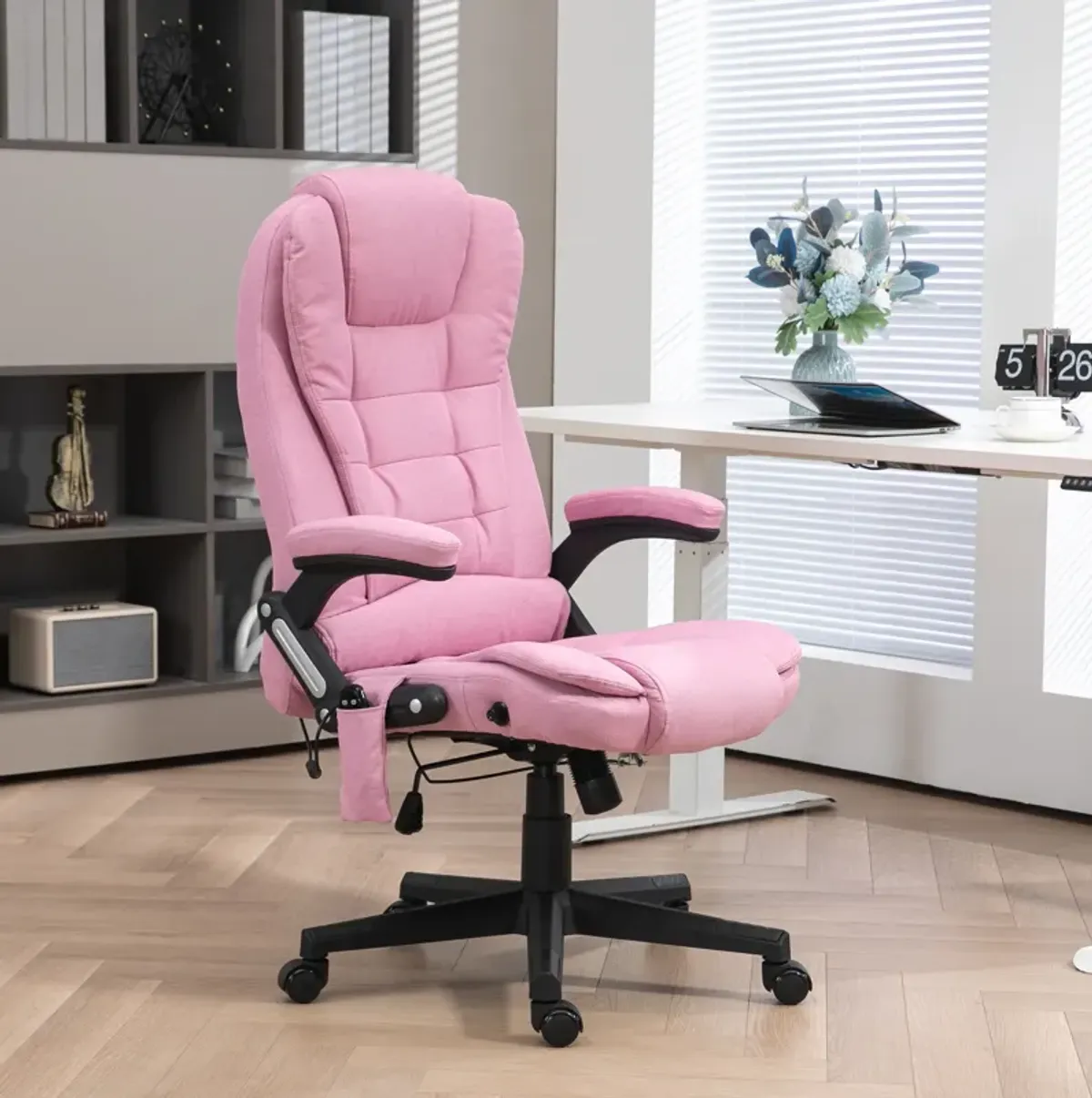 HOMCOM 6 Point Vibrating Massage Office Chair with Heat, Velvet High Back Executive Office Chair with Reclining Backrest, Padded Armrests and Remote, Pink