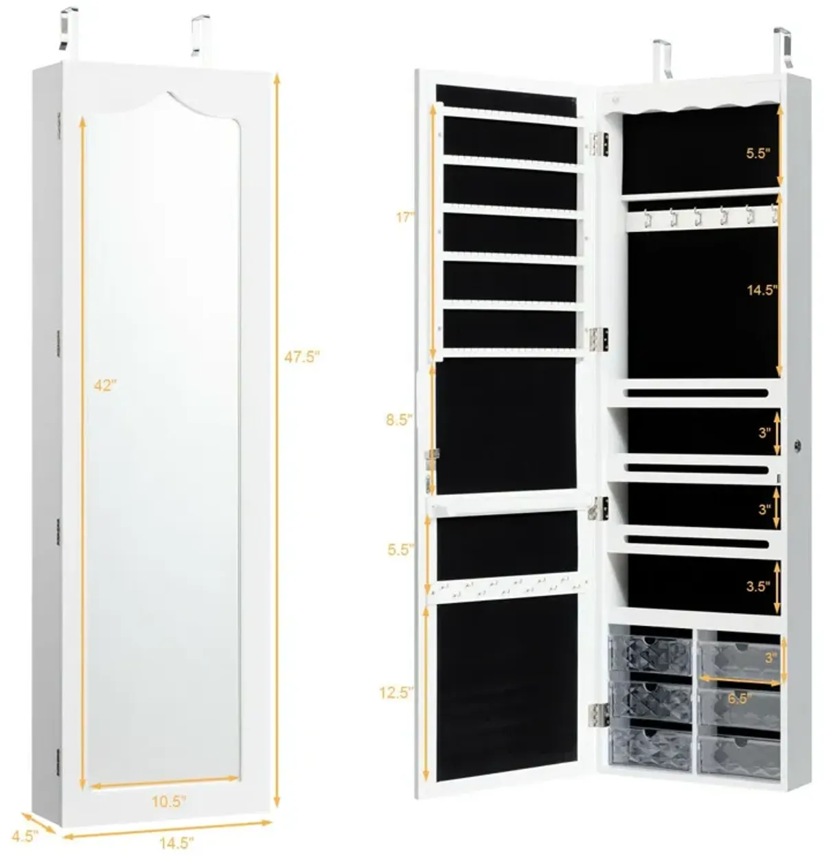 Door Hanging Mirror Jewelry Armoire with Full Length Mirror and 6 Drawers