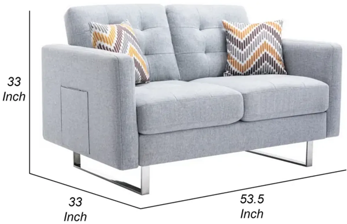 Caden 54 Inch Modern Loveseat with Side Pocket and 2 Pillows, Light Gray-Benzara