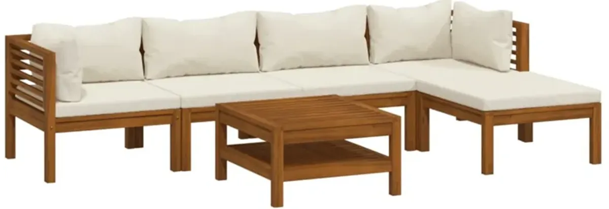 6pc Outdoor Modular Sofa Set, Coffee Table, Ivory, Brown Acacia Wood - Benzara