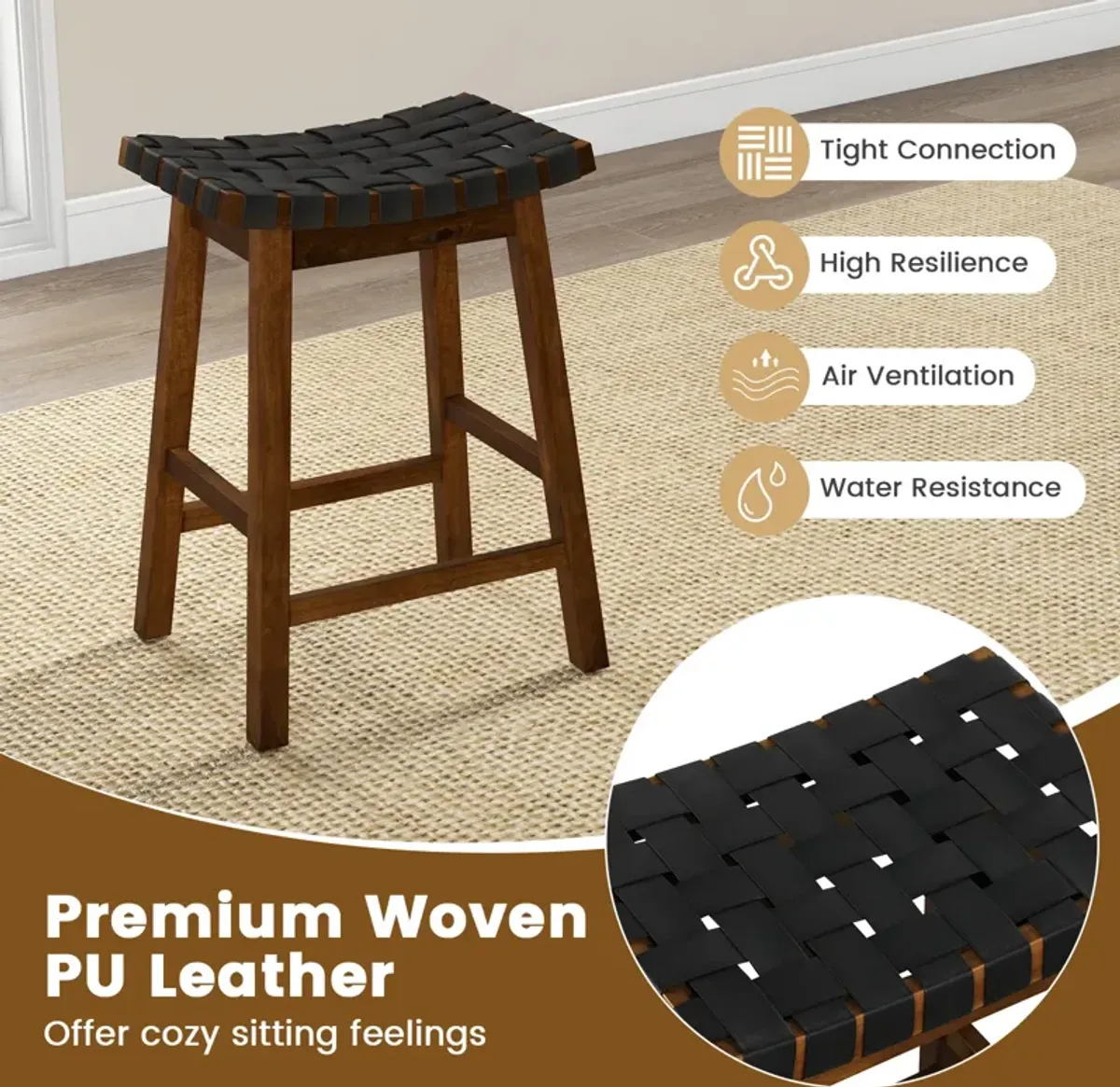 Faux PU Leather Bar Height Stools Set of 2 with Woven Curved Seat-25 Inches