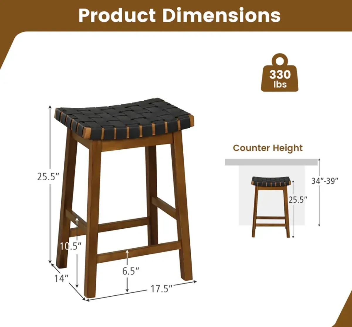 Faux PU Leather Bar Height Stools Set of 2 with Woven Curved Seat-25 Inches