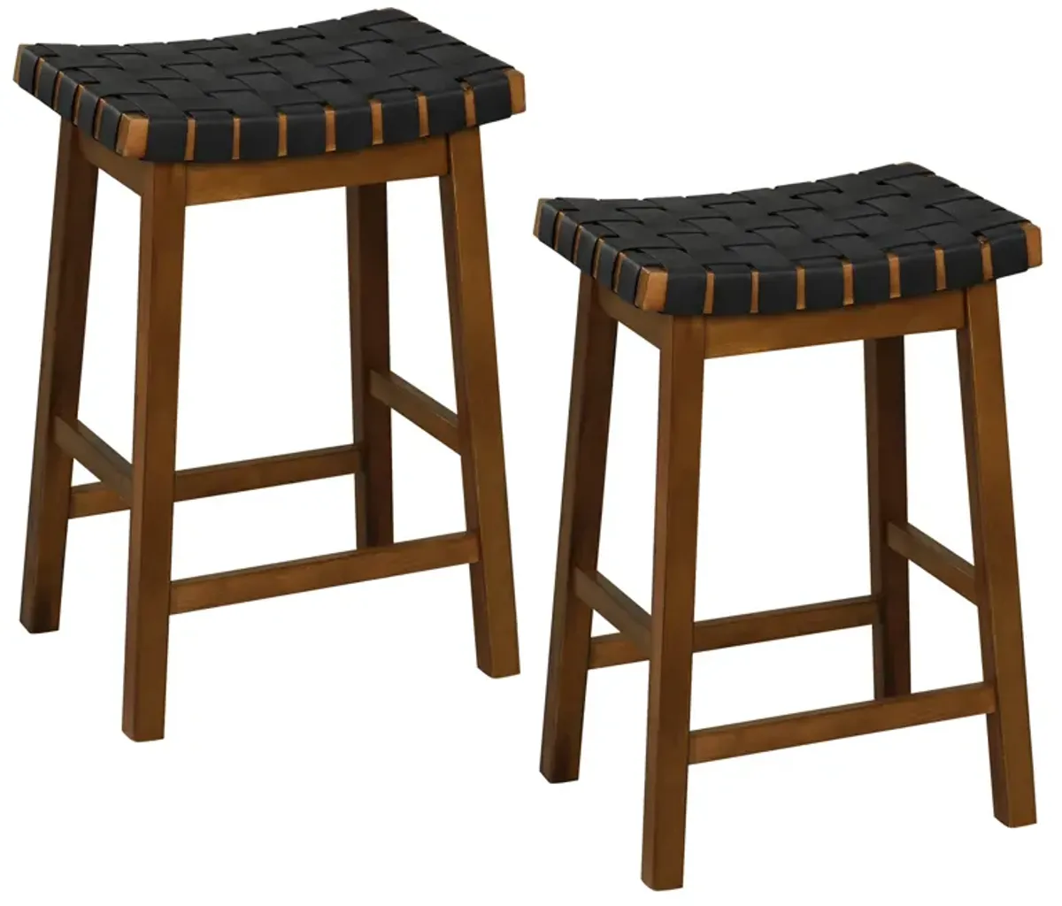 Faux PU Leather Bar Height Stools Set of 2 with Woven Curved Seat-25 Inches