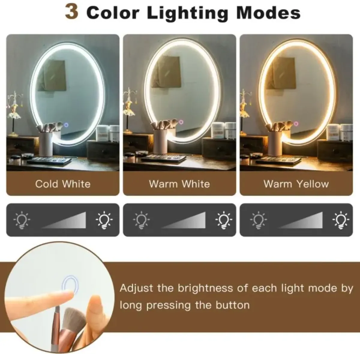 Hivvago Vanity Table Set with 3-Color Lighted Dimmable Mirror-Brown