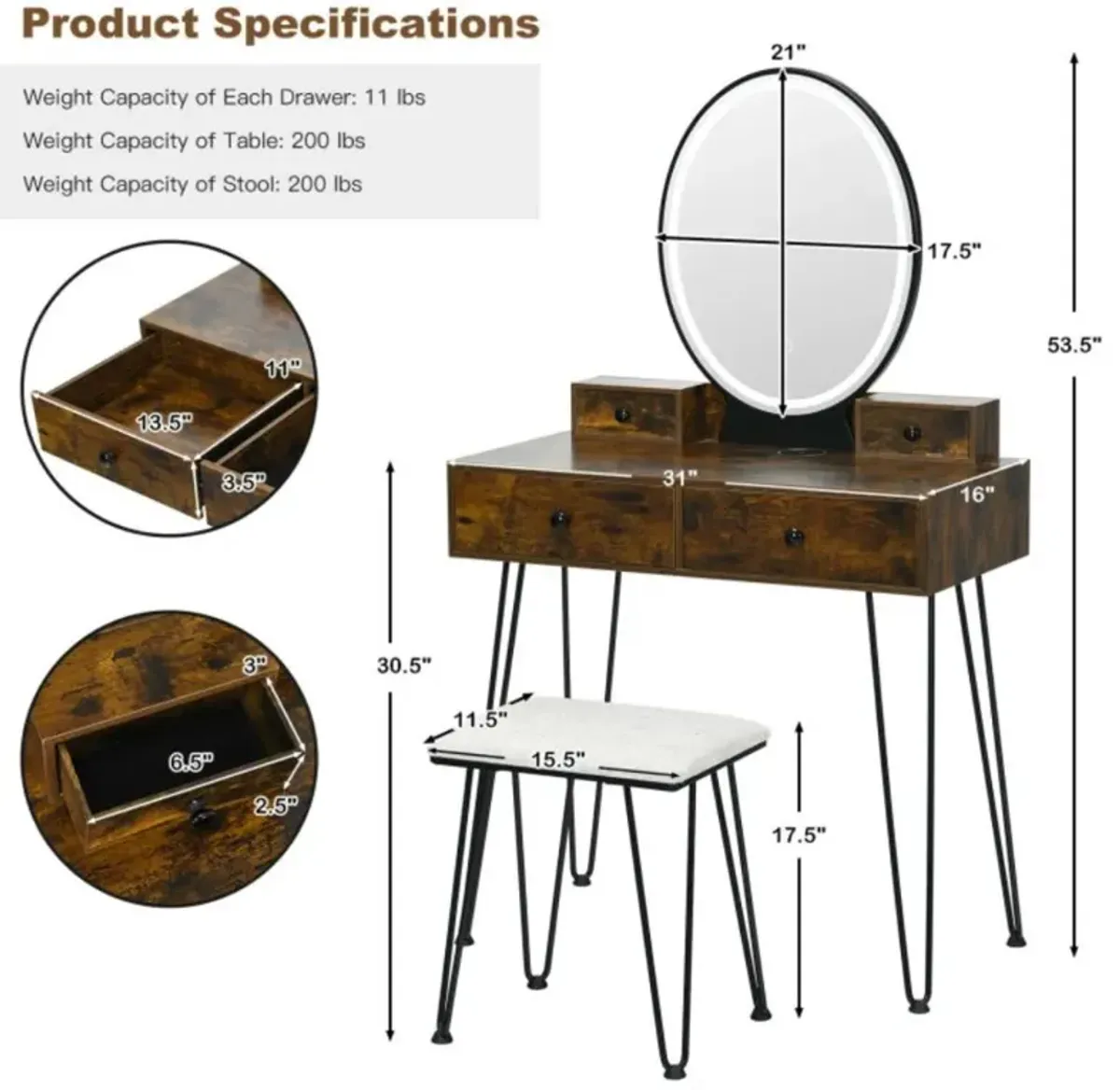 Hivvago Vanity Table Set with 3-Color Lighted Dimmable Mirror-Brown