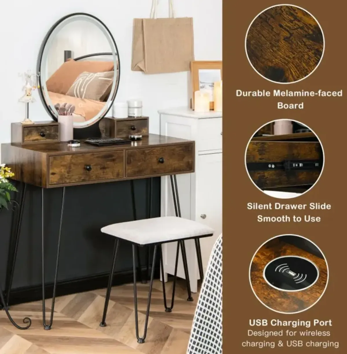 Hivvago Vanity Table Set with 3-Color Lighted Dimmable Mirror-Brown