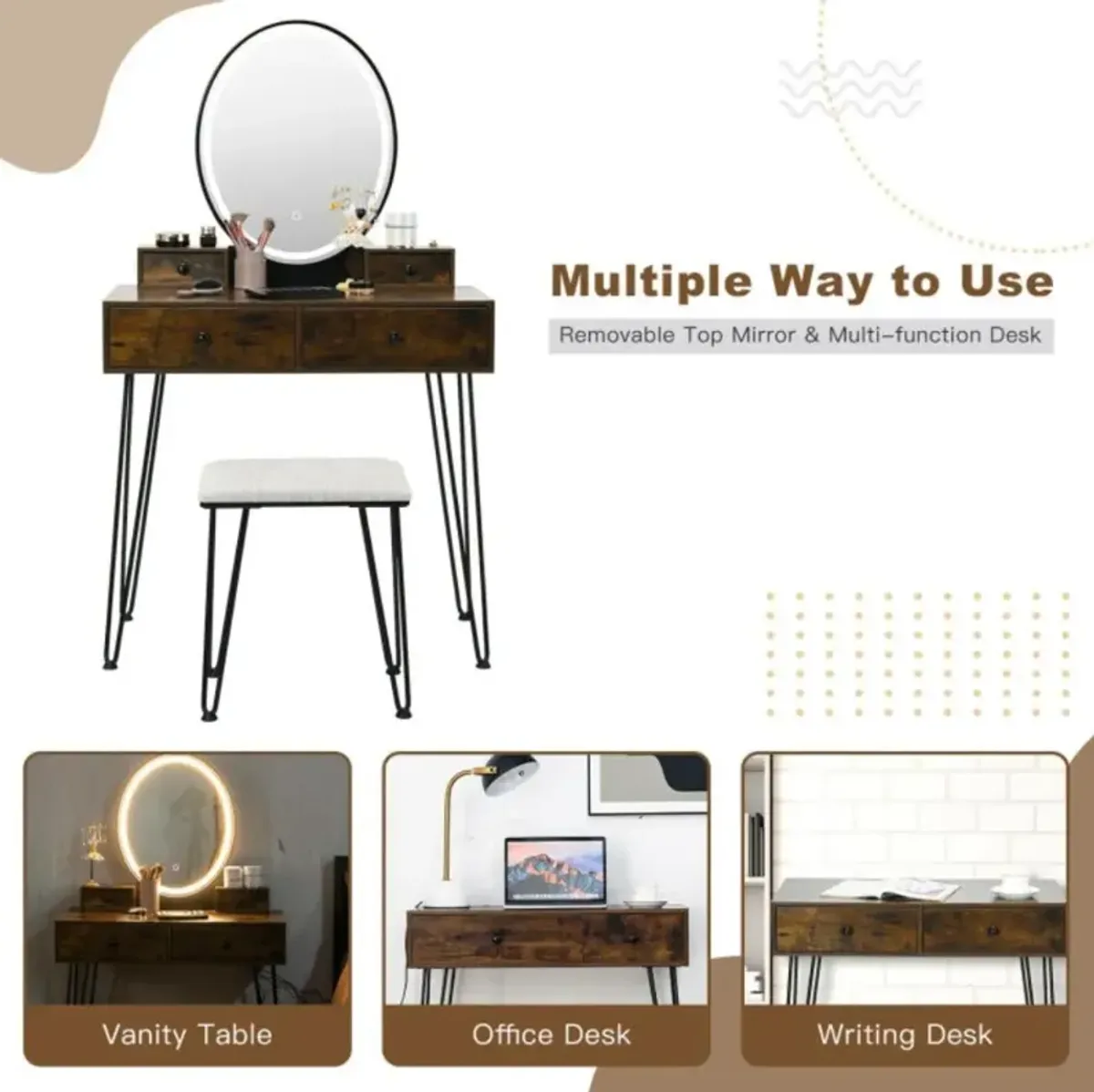 Hivvago Vanity Table Set with 3-Color Lighted Dimmable Mirror-Brown