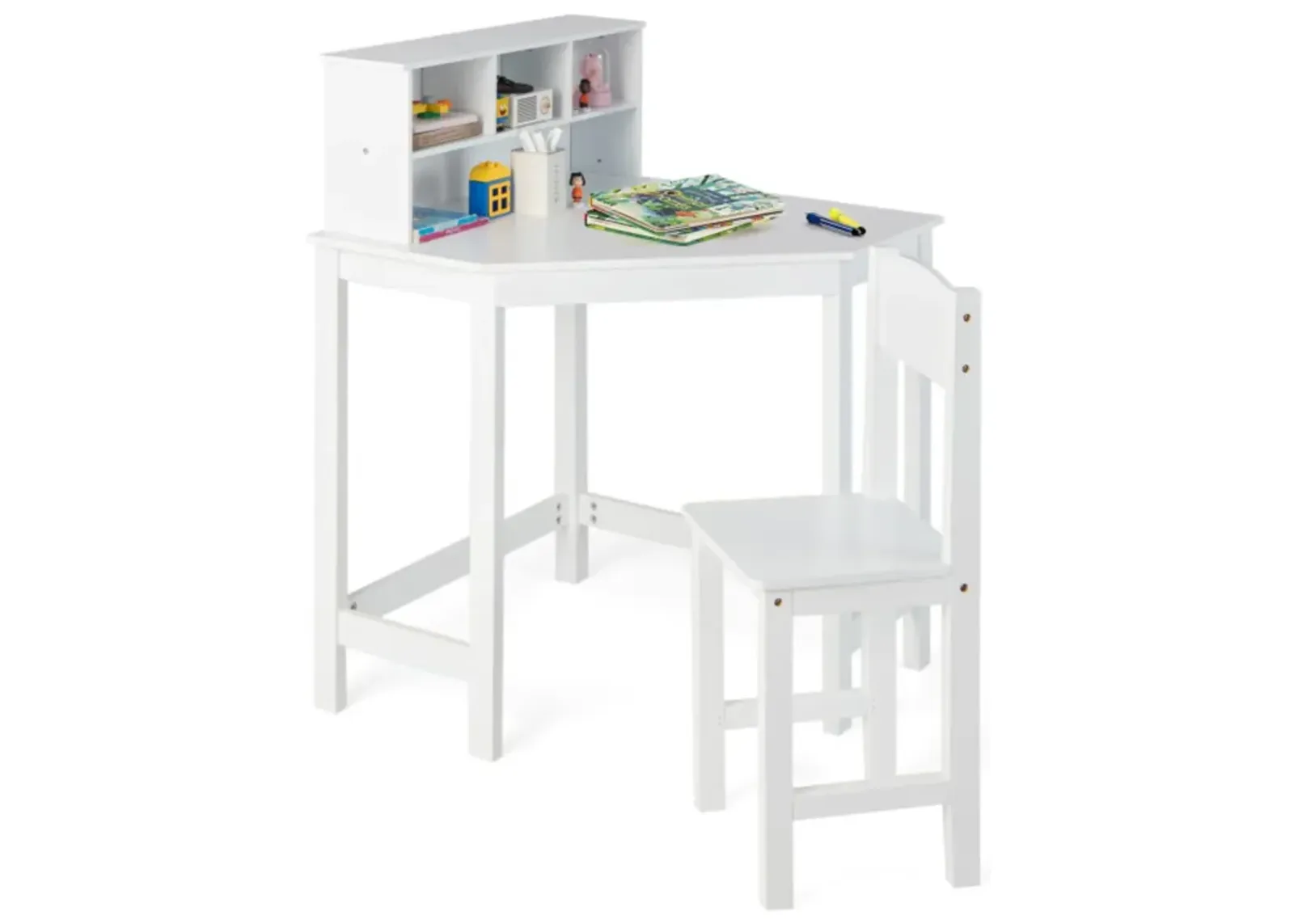 Hivvago Kids Wooden Corner Desk and Chair Set with Hutch and Storage-White