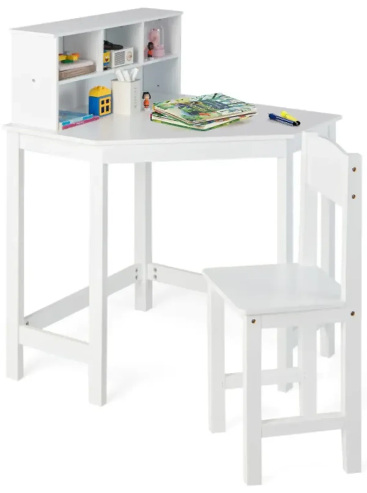 Hivvago Kids Wooden Corner Desk and Chair Set with Hutch and Storage-White