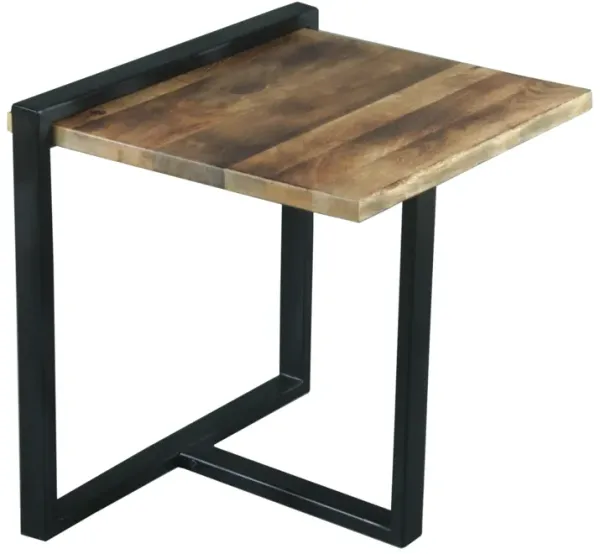 Industrial Minimalistic End Table with Mango Wood Top and Metal Frame, Brown and Black-Benzara