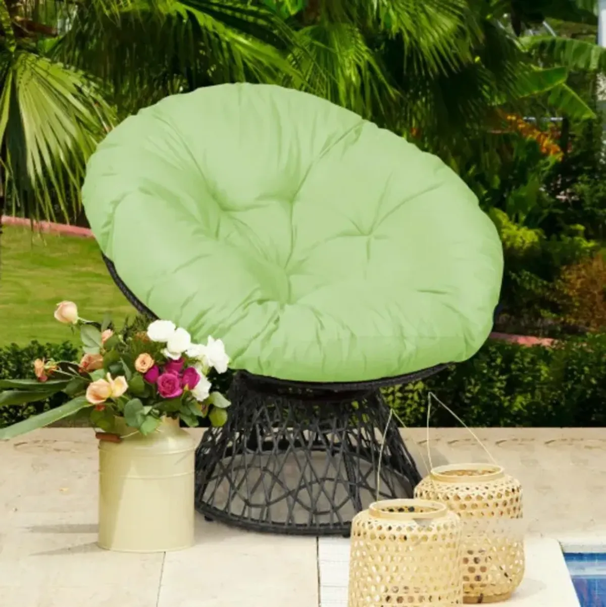 Rattan Papasan Chair Ergonomic 360-degree Swivel Soft Cushion Garden