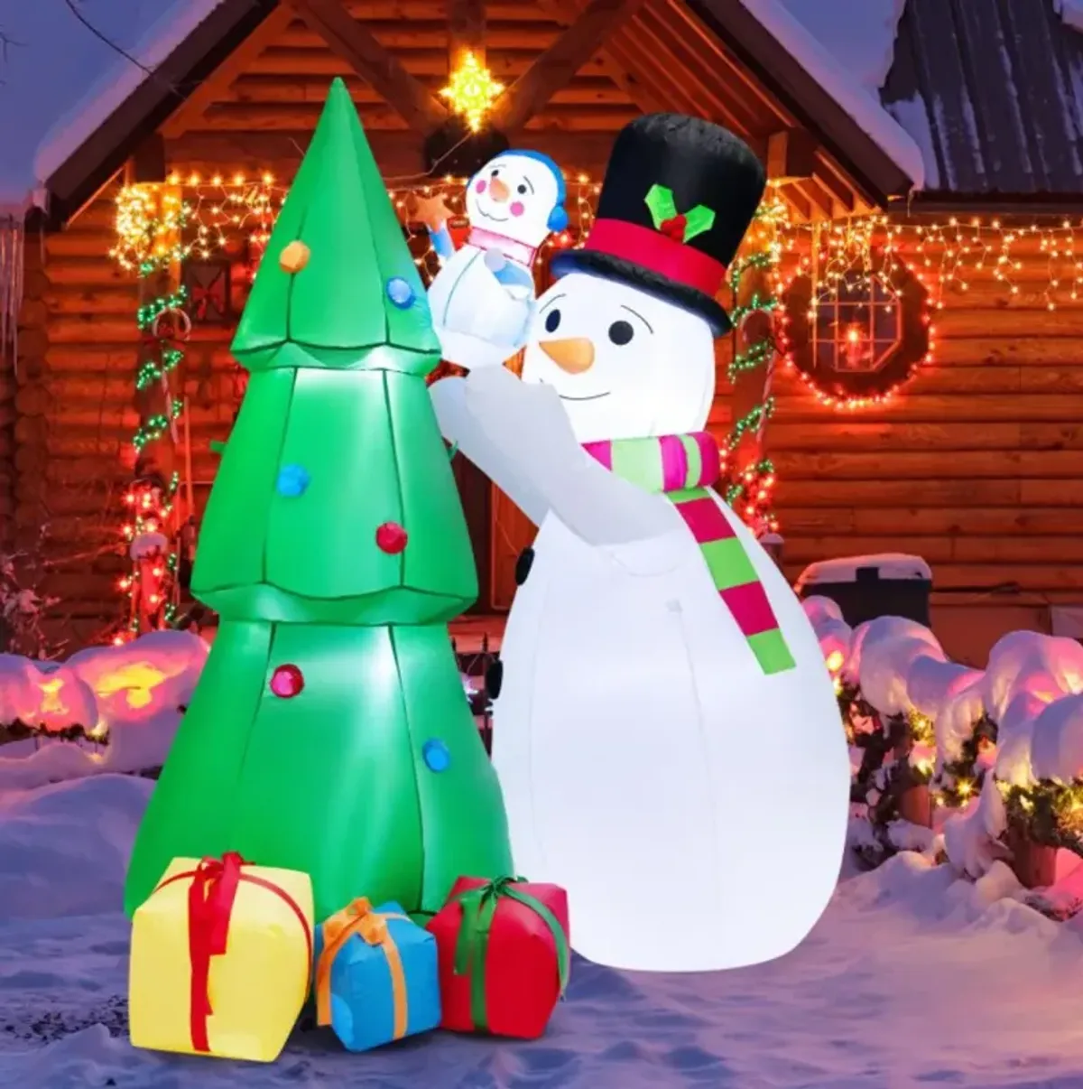 Hivvago 6 Feet Tall Inflatable Christmas Snowman and Tree Decoration Set with LED Lights