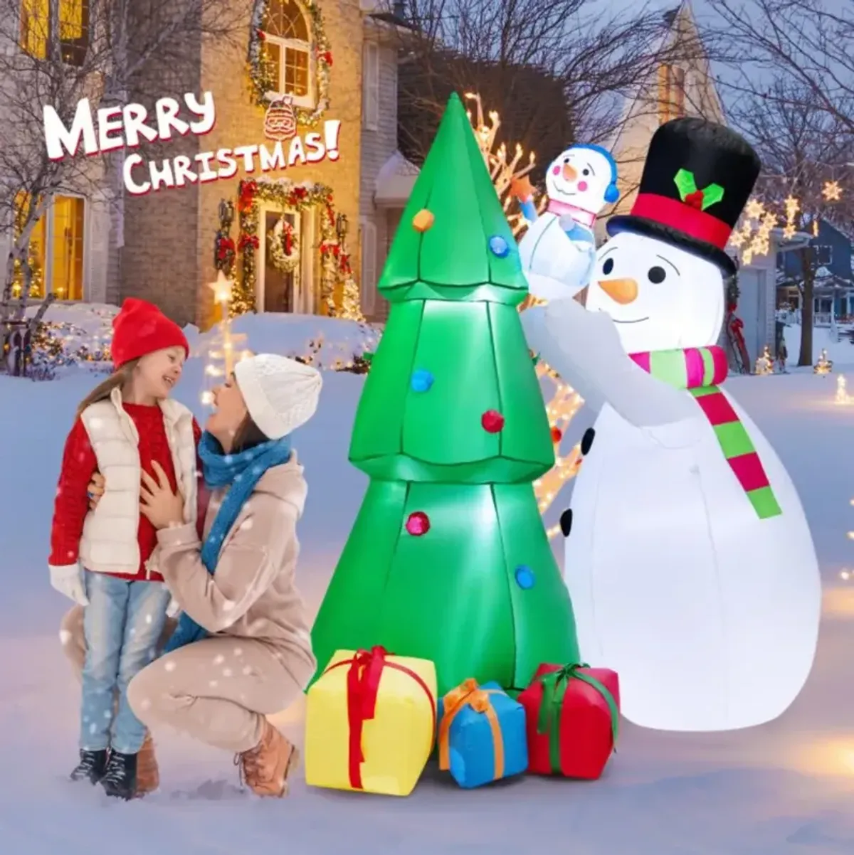 Hivvago 6 Feet Tall Inflatable Christmas Snowman and Tree Decoration Set with LED Lights