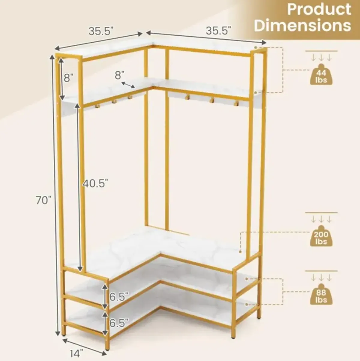 Hivvago Corner Garment Rack with Open Shelves and 7 Hooks Shoe Bench