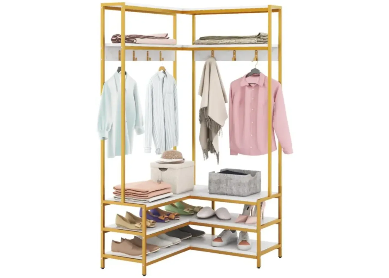 Hivvago Corner Garment Rack with Open Shelves and 7 Hooks Shoe Bench