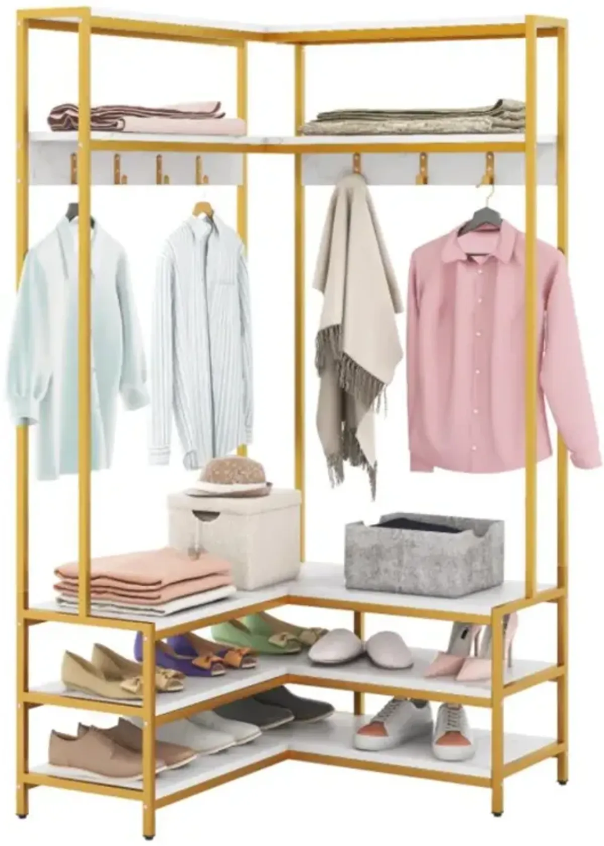 Hivvago Corner Garment Rack with Open Shelves and 7 Hooks Shoe Bench