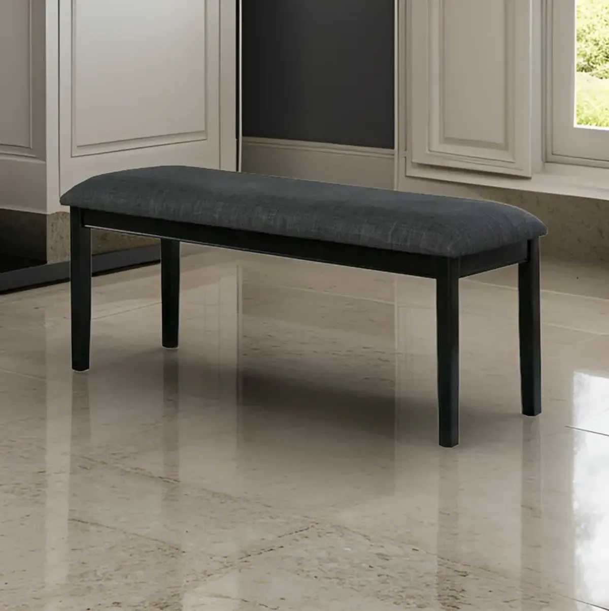 Fabric Seat Bench with Wooden Sleek Block Legs, Black and Gray-Benzara