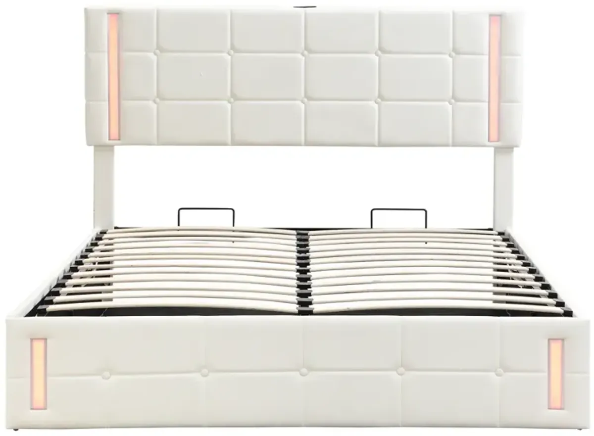 Queen Size Upholstered Bed With LED Lights, Hydraulic Storage System And USB Charging Station, White