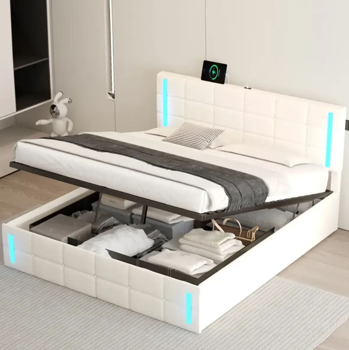 Queen Size Upholstered Bed With LED Lights, Hydraulic Storage System And USB Charging Station, White