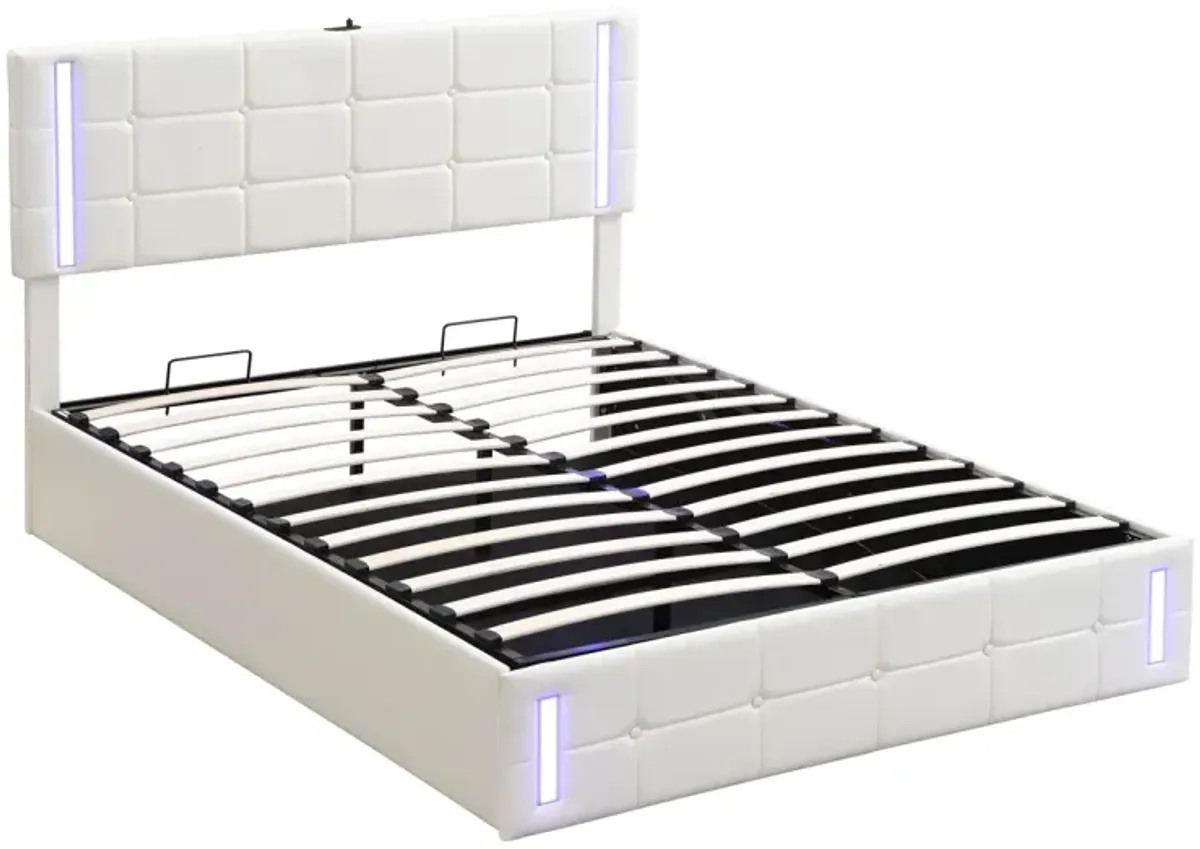 Queen Size Upholstered Bed With LED Lights, Hydraulic Storage System And USB Charging Station, White