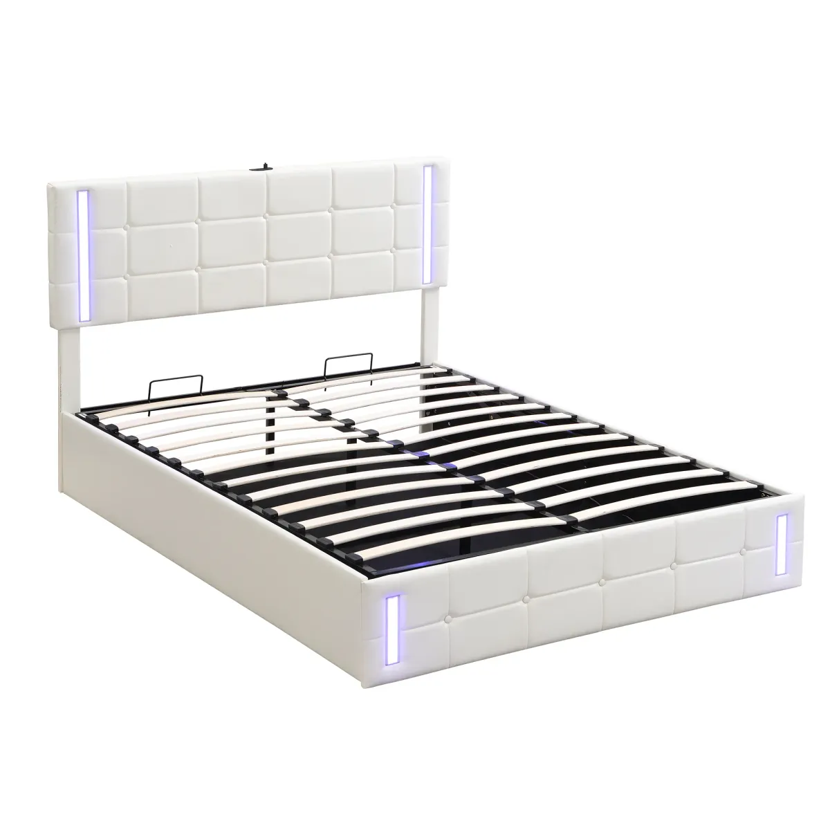 Queen Size Upholstered Bed With LED Lights, Hydraulic Storage System And USB Charging Station, White