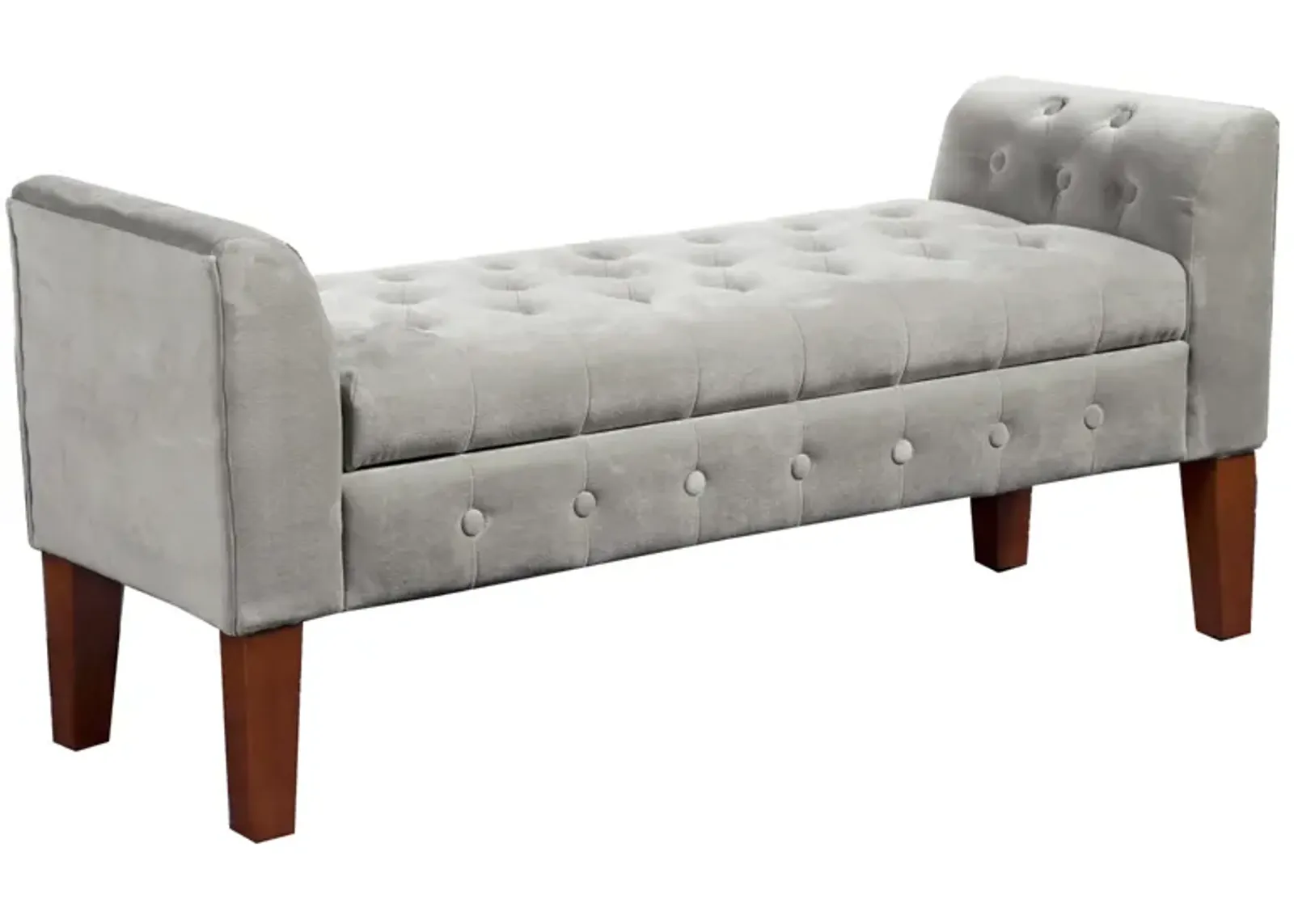 Velvet Upholstered Button Tufted Wooden Bench Settee With Hinged Storage, Gray and Brown - Benzara