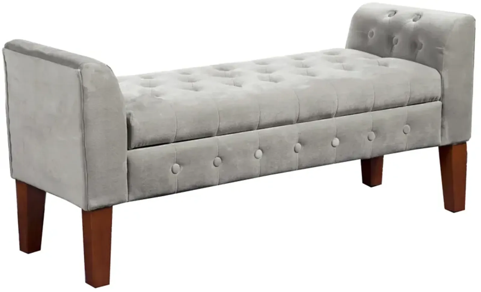 Velvet Upholstered Button Tufted Wooden Bench Settee With Hinged Storage, Gray and Brown - Benzara