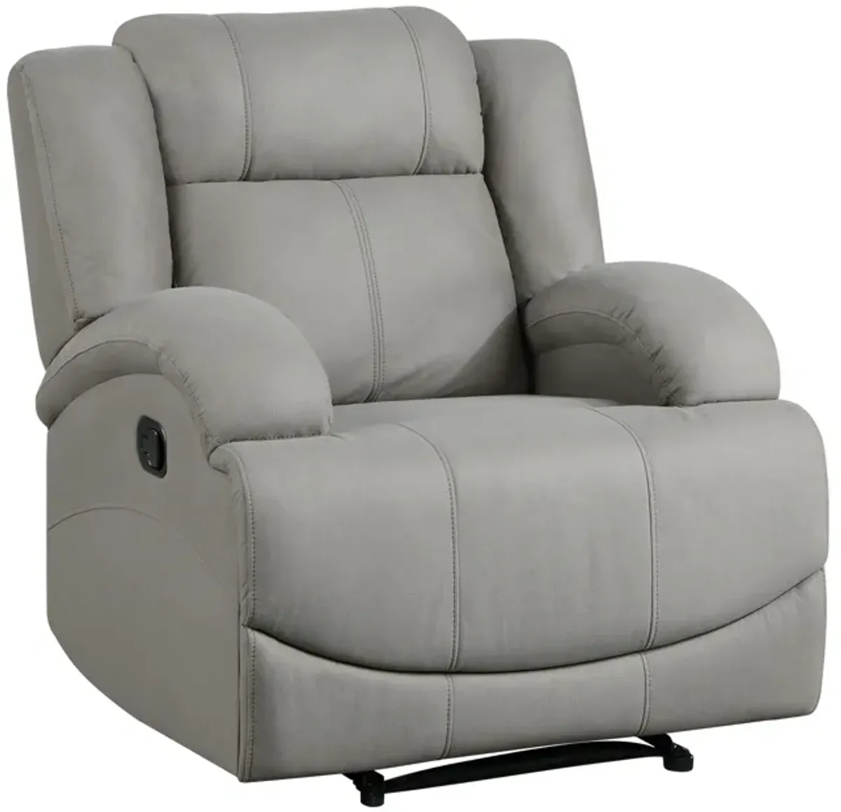 Kate 37 Inch Manual Recliner Chair, Cushions, Gray Microfiber, Solid Wood - Benzara