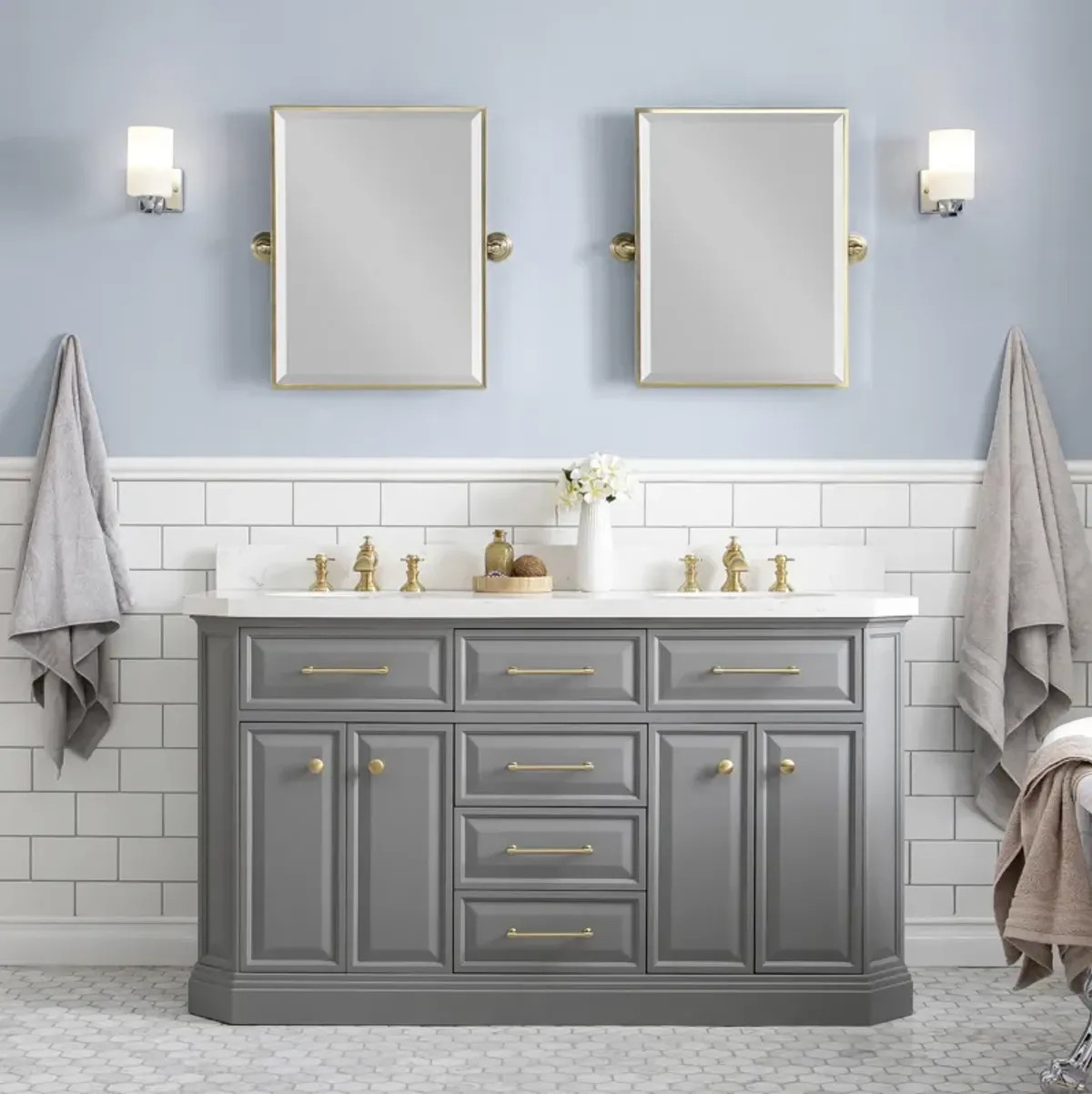 Palace 60 In. Double Sink Carrara Quartz Countertop Bath Vanity in Cashmere Grey with Satin Gold Hardware, Waterfall Faucets and Rectangular Pivot Mirrors