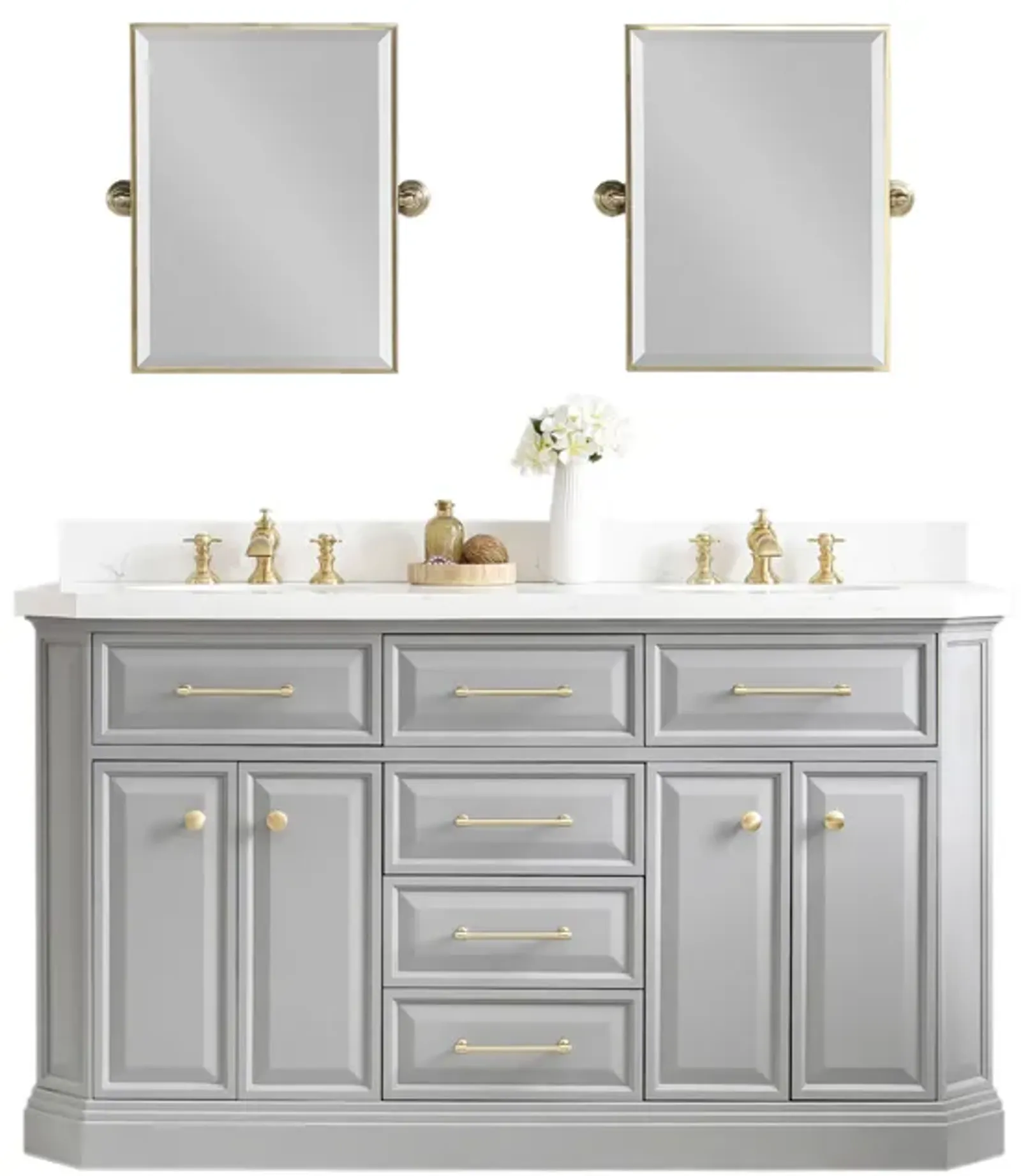 Palace 60 In. Double Sink Carrara Quartz Countertop Bath Vanity in Cashmere Grey with Satin Gold Hardware, Waterfall Faucets and Rectangular Pivot Mirrors