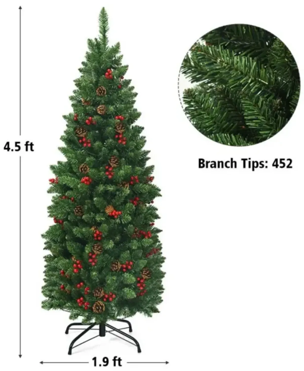 Hivvago 4.5 Feet Pre-lit Hinged Pencil Christmas Tree with Pine Cones Red Berries and 150 Lights