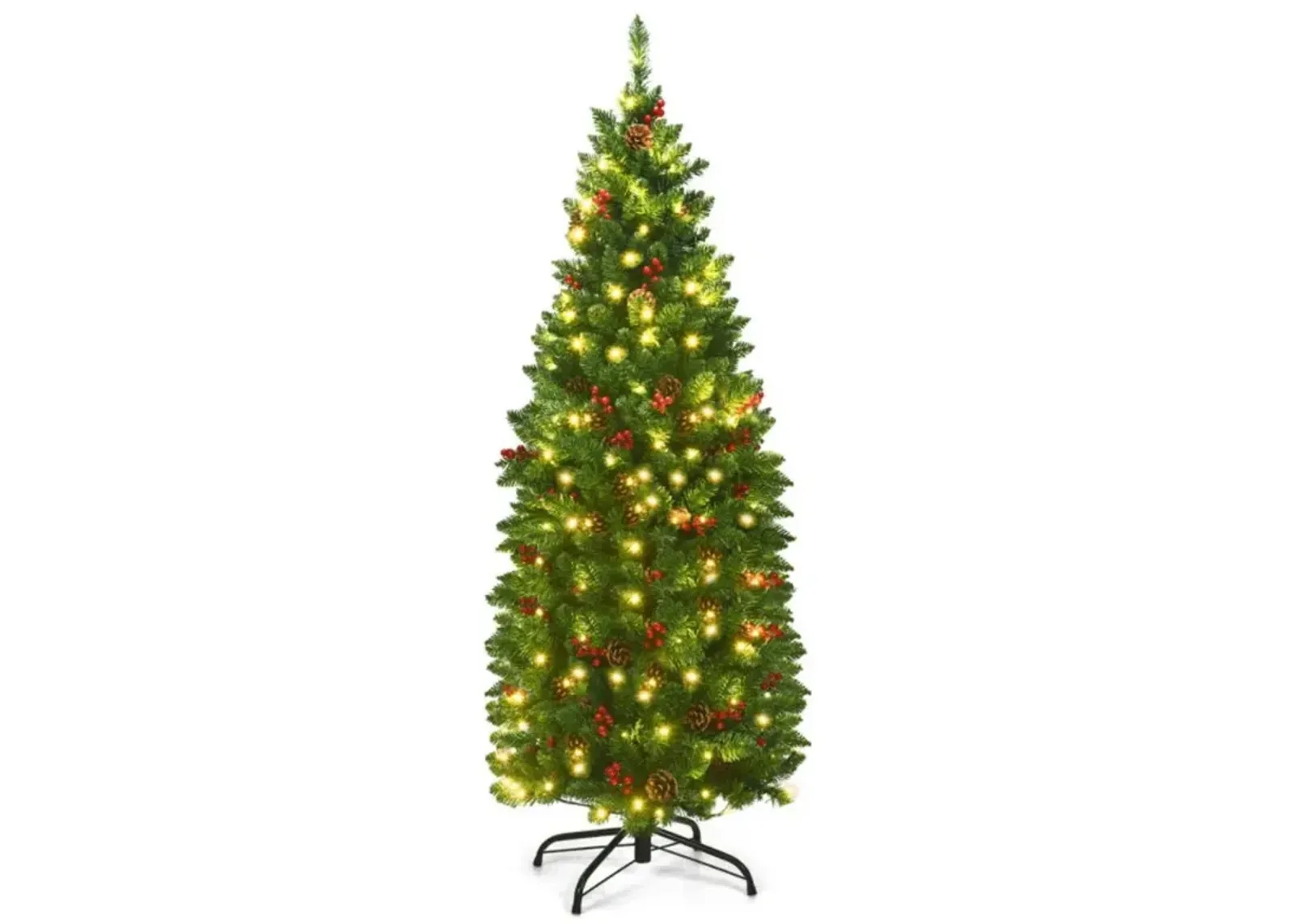 Hivvago 4.5 Feet Pre-lit Hinged Pencil Christmas Tree with Pine Cones Red Berries and 150 Lights