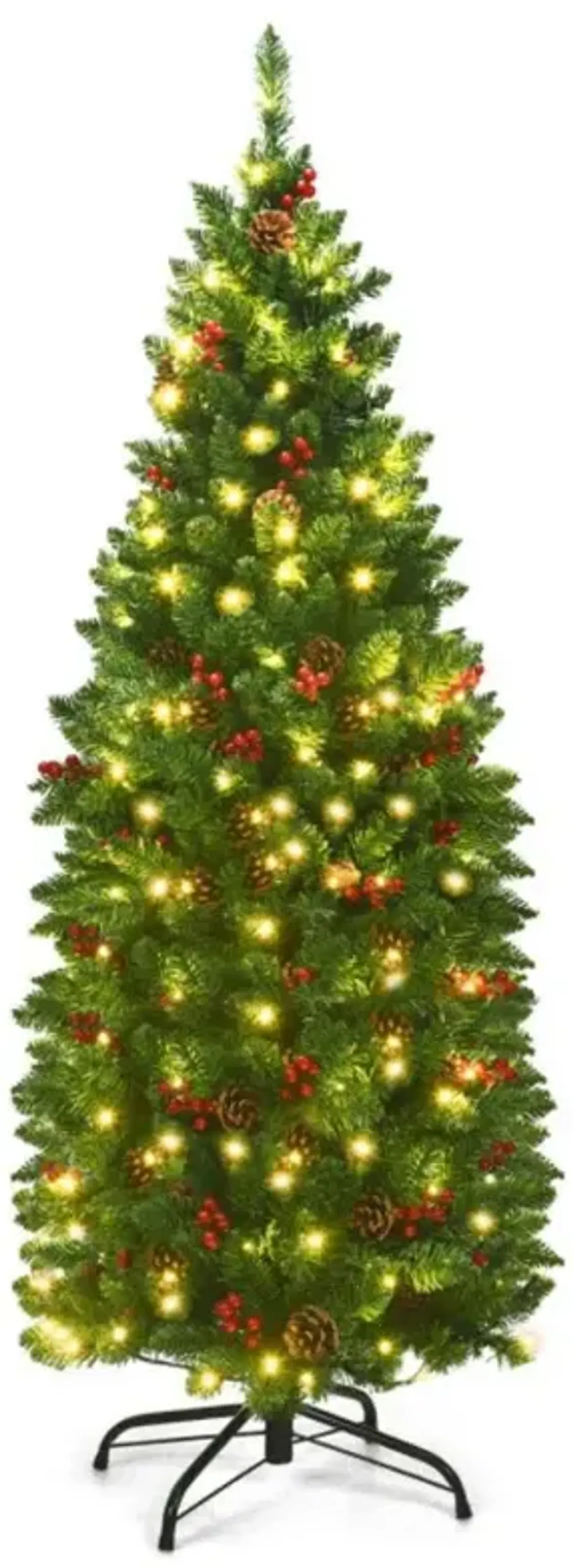 Hivvago 4.5 Feet Pre-lit Hinged Pencil Christmas Tree with Pine Cones Red Berries and 150 Lights