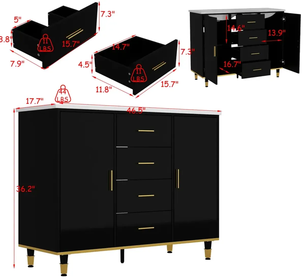 FUFU&GAGA Bathroom Cabinet with Gold Accents and Ample Storage, (46.5" W x 17.7" D x 36.2" H),Black