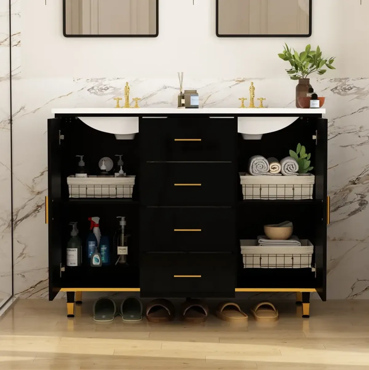 FUFU&GAGA Bathroom Cabinet with Gold Accents and Ample Storage, (46.5" W x 17.7" D x 36.2" H),Black