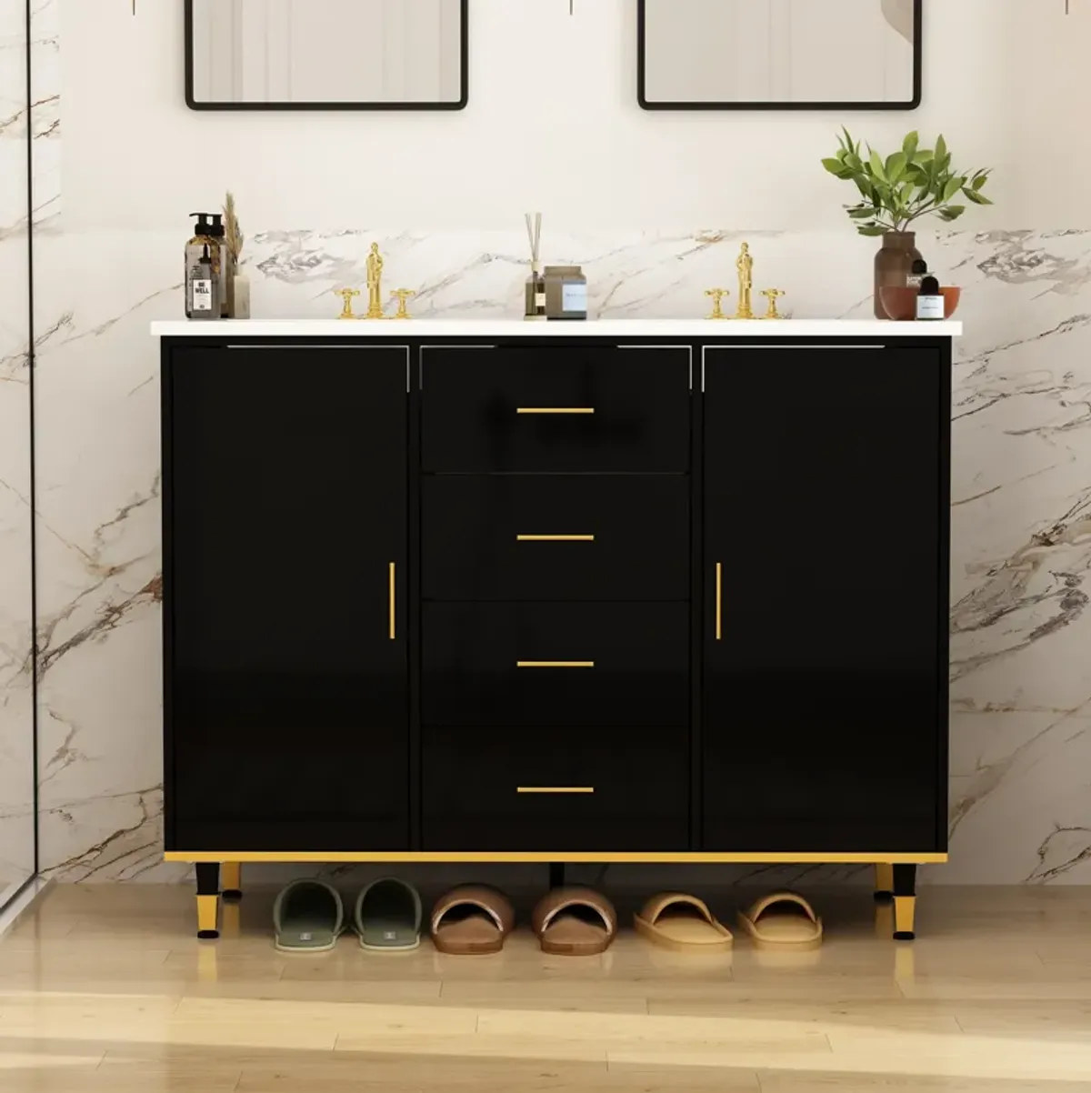 FUFU&GAGA Bathroom Cabinet with Gold Accents and Ample Storage, (46.5" W x 17.7" D x 36.2" H),Black