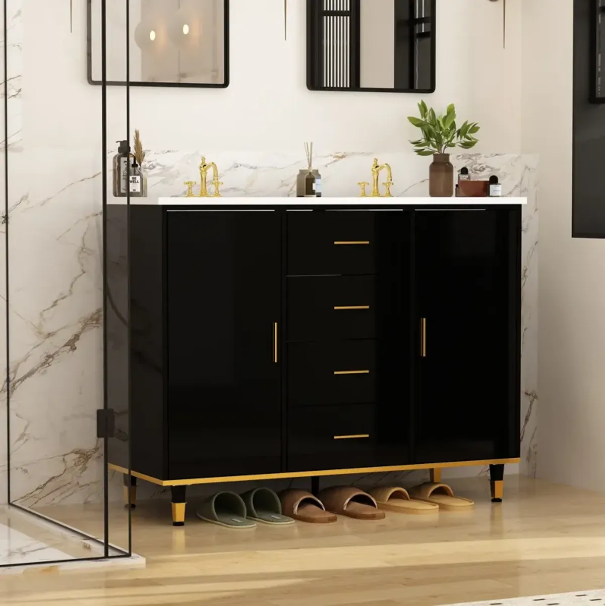 FUFU&GAGA Bathroom Cabinet with Gold Accents and Ample Storage, (46.5" W x 17.7" D x 36.2" H),Black