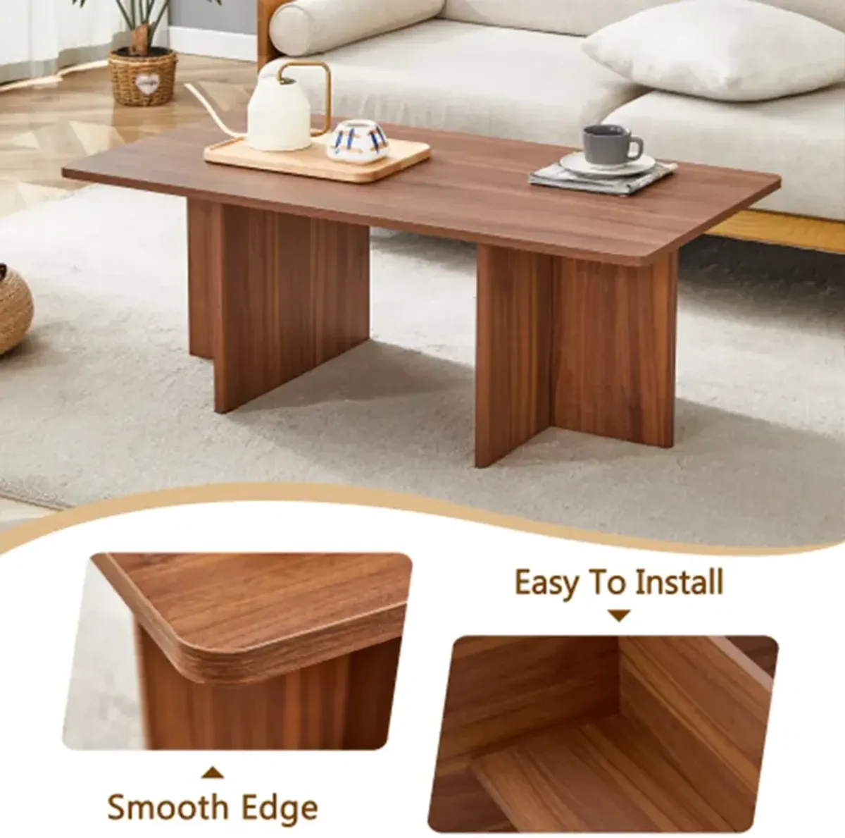 44.8" Modern Luxury Walnut Wood Grain MDF Coffee Table with Stable Triangular Base - Ideal for Living Rooms & Bedrooms