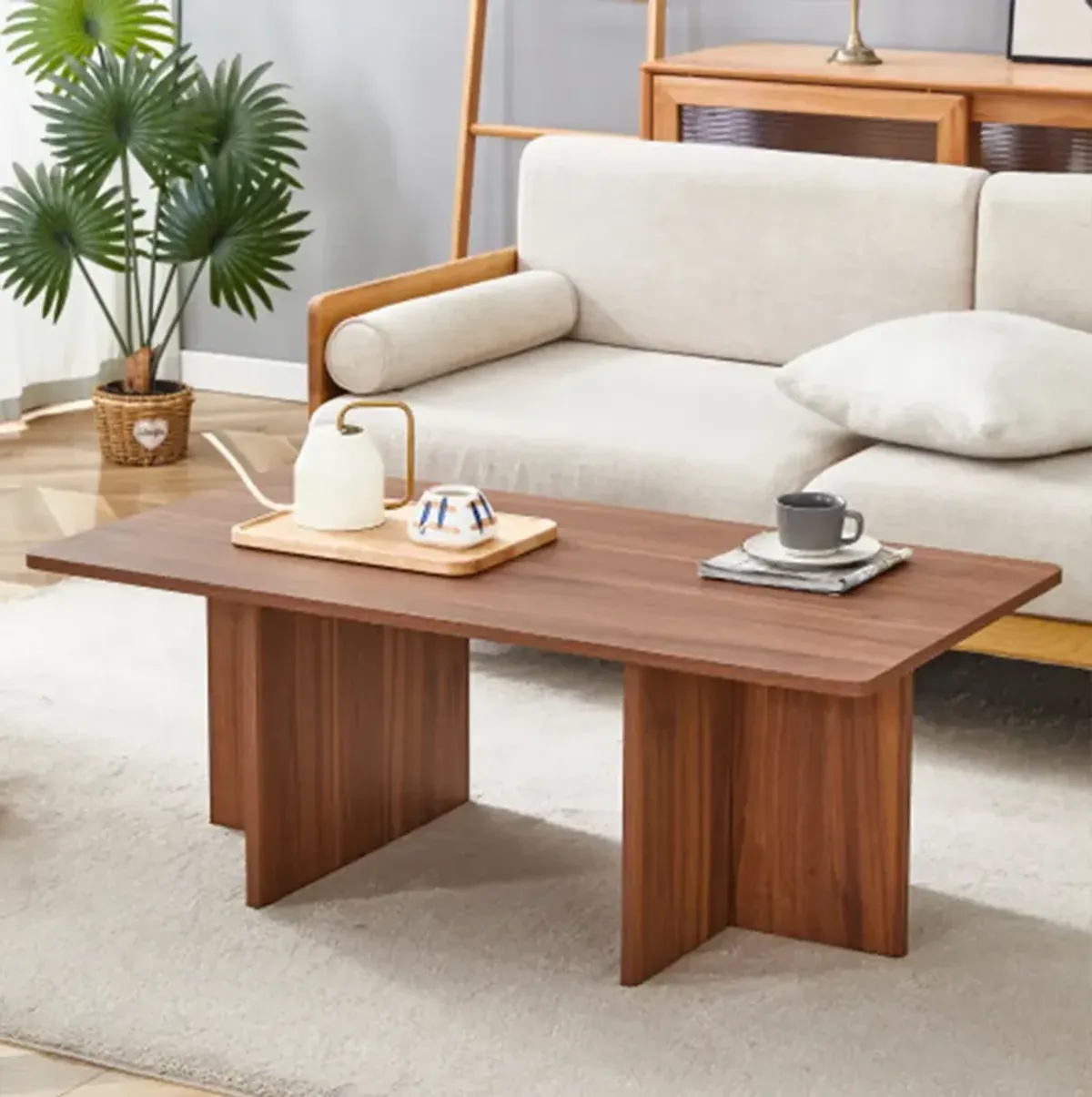 44.8" Modern Luxury Walnut Wood Grain MDF Coffee Table with Stable Triangular Base - Ideal for Living Rooms & Bedrooms