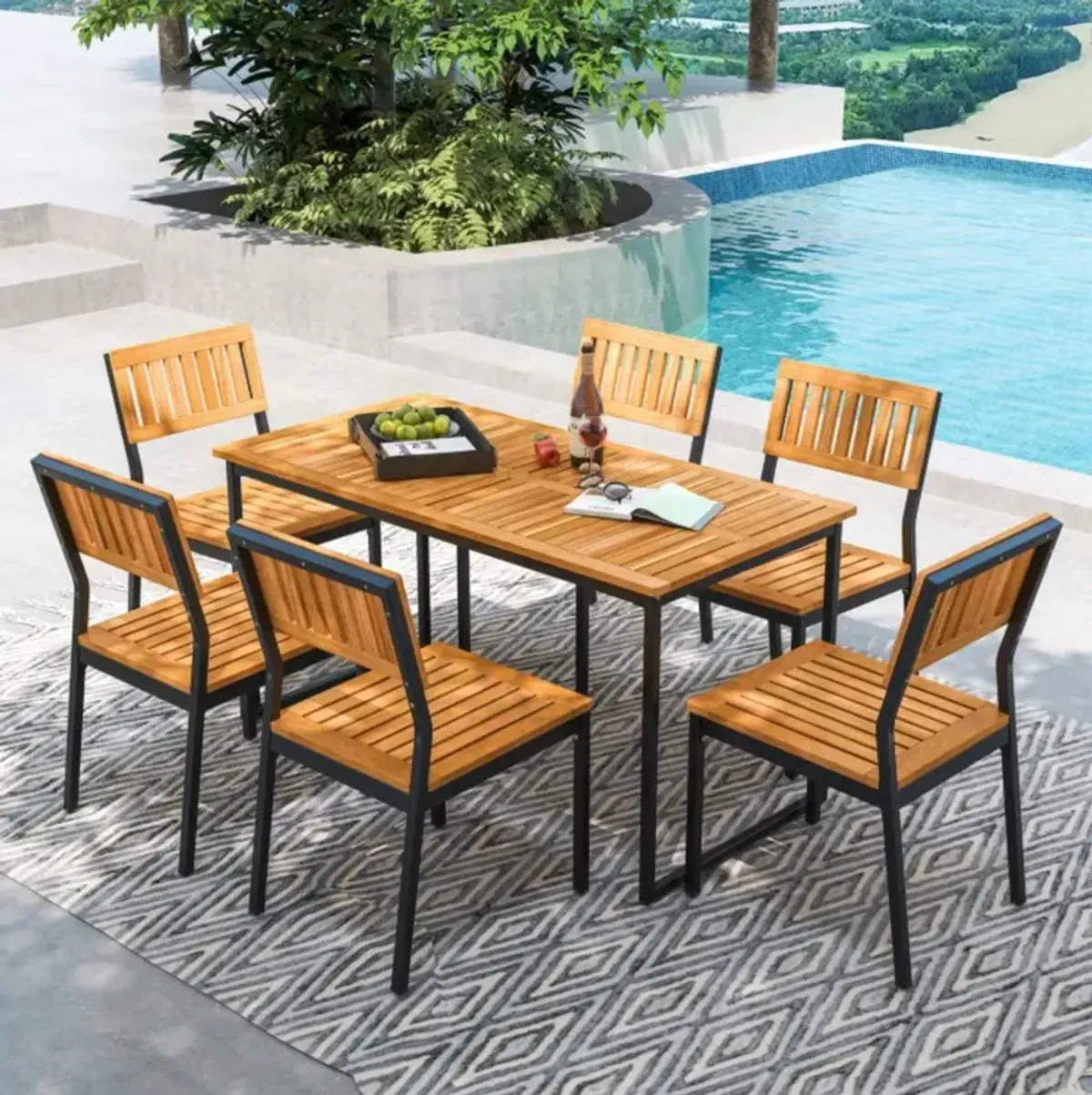 Hivvago Acacia Wood Dining Table for 6 People with Slatted Tabletop and Umbrella Hole