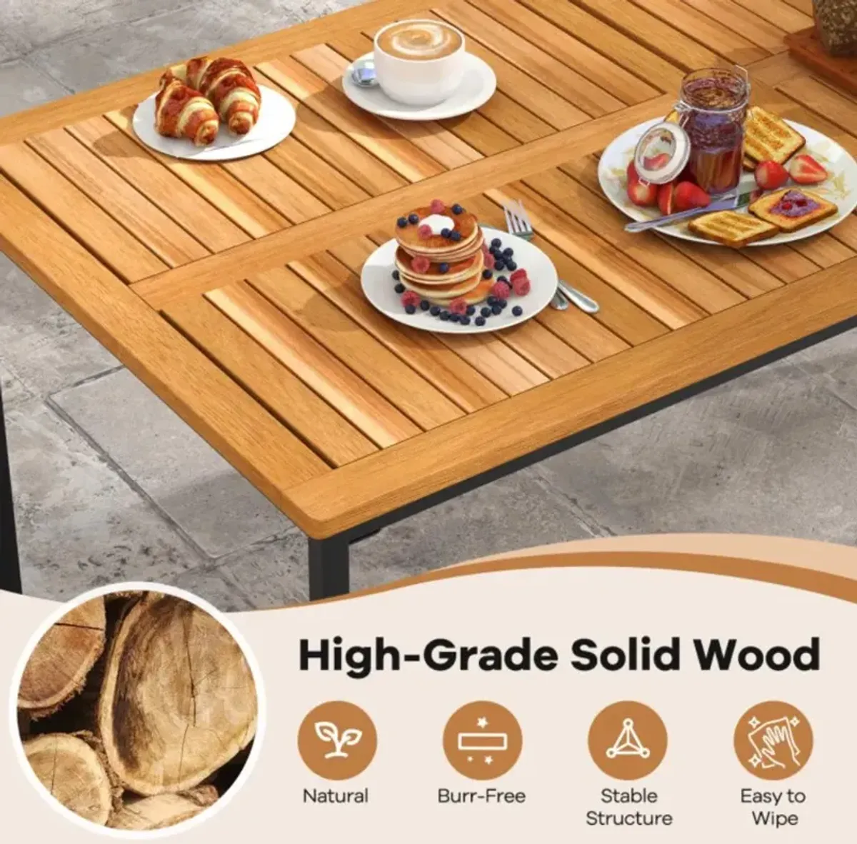 Hivvago Acacia Wood Dining Table for 6 People with Slatted Tabletop and Umbrella Hole