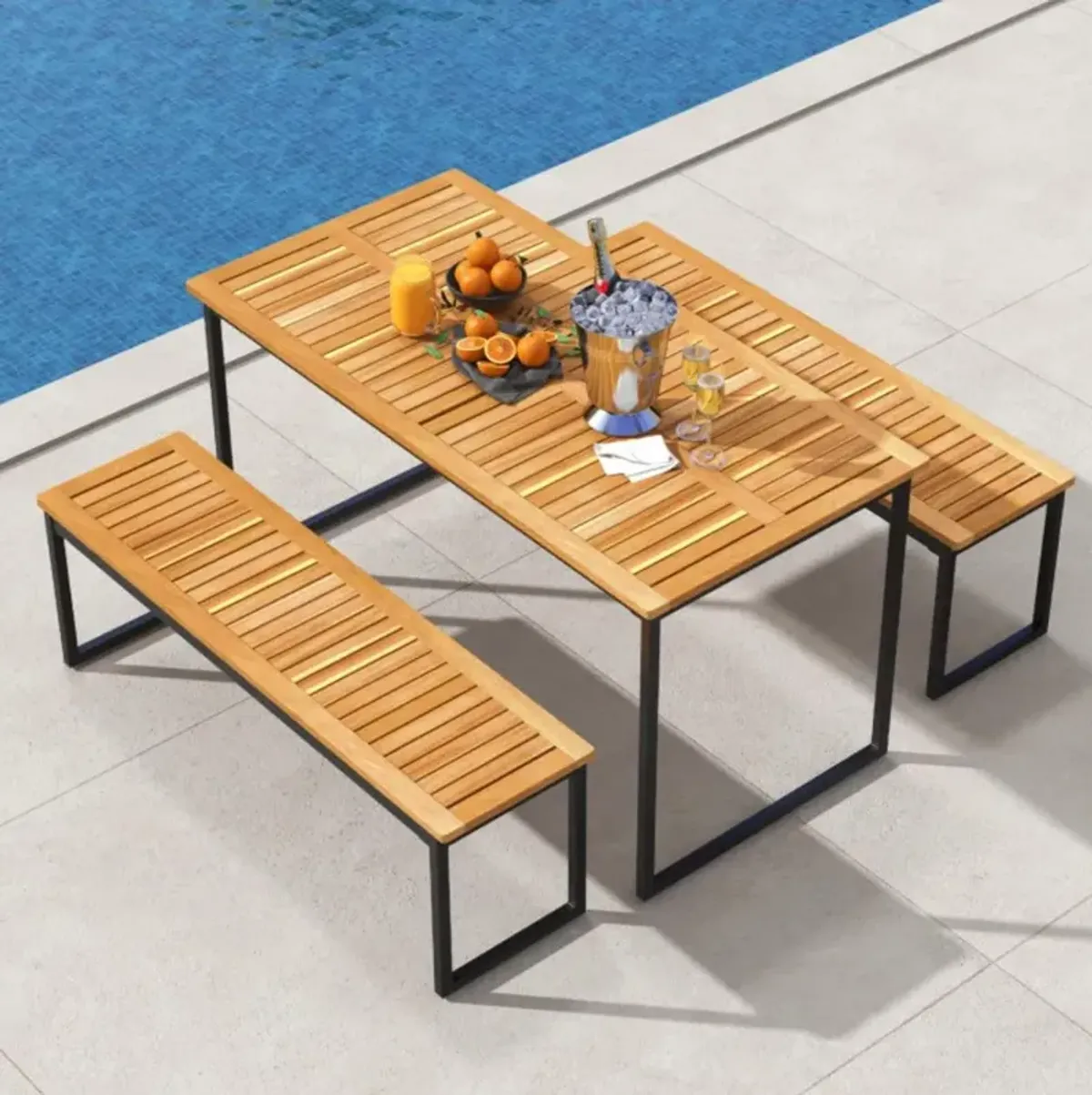 Hivvago Acacia Wood Dining Table for 6 People with Slatted Tabletop and Umbrella Hole