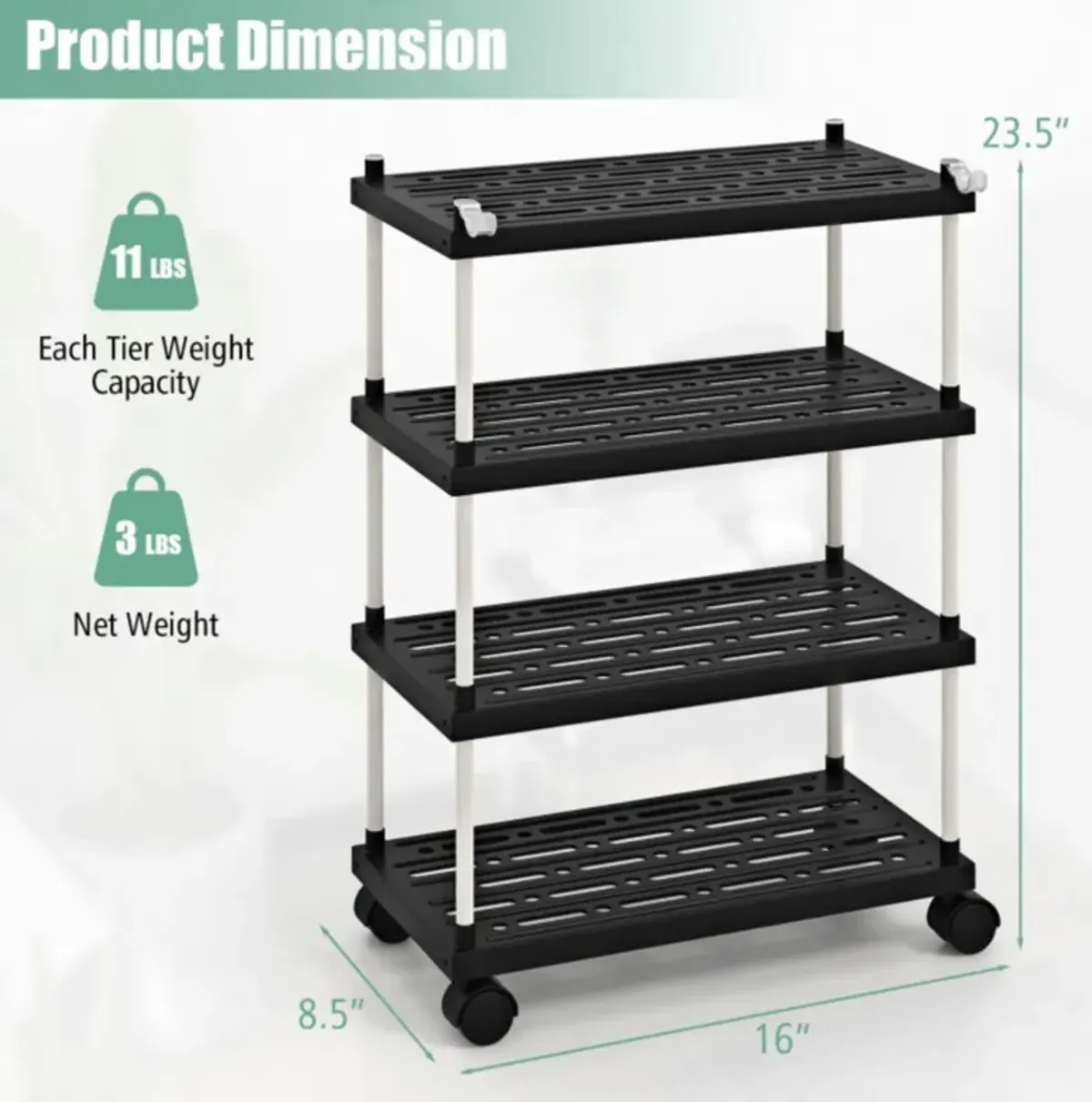 Hivvago 4-Tier Kitchen Slim Storage Cart with Lockable Wheels-Black